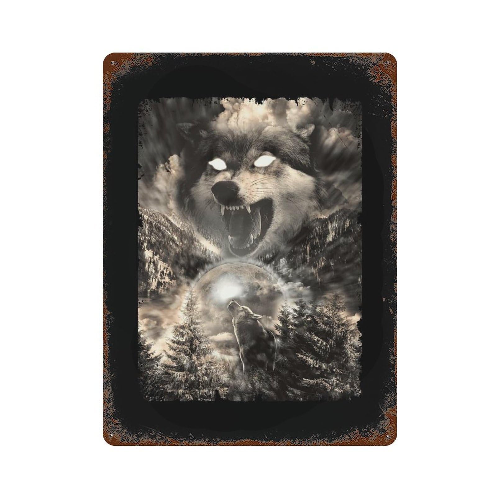 Retro Metal Sign with Howling Wolf Moon Mountain Design 15.7"x11.8", for Living Room, Hallway And Home Decor, Farmhouse Wall Decor
