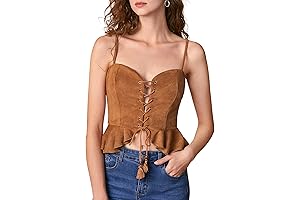 Women's Lace Up Tie Front Sleeveless Ruffle Hem Suede Peplum Cami Top