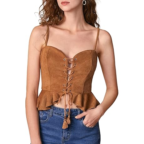 Women's Lace Up Tie Front Sleeveless Ruffle Hem Suede Peplum Cami Top