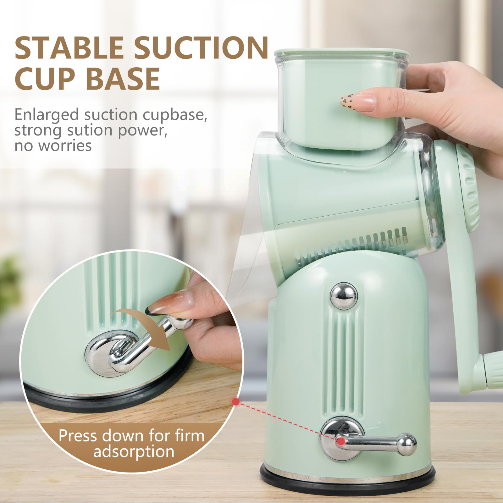 Rallador giratorio de queso y rebanador de mandolina con 5 cuchillas intercambiables, corte sin esfuerzo para queso, verduras, frutas, frutos secos, diseño fácil de limpiar para uso en cocina