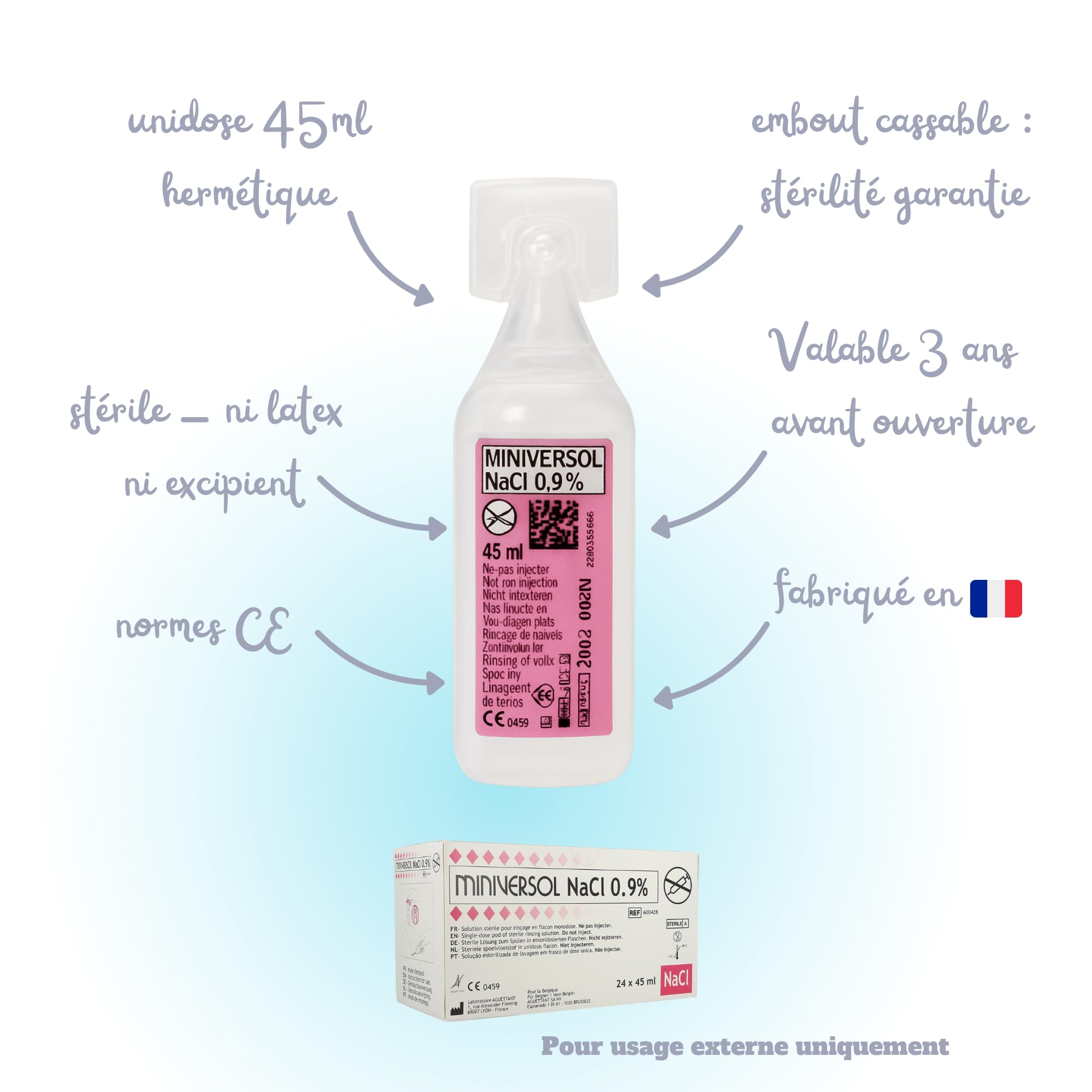 Sérum Physiologique Stérile Unidose 45ml | Pack 24 Physiodoses Grand Format Solution Saline Isotonique NaCl 0,9% | Lavage Nasal Bébé, Enfant, Adulte | Hygiène du Nez et des plaies