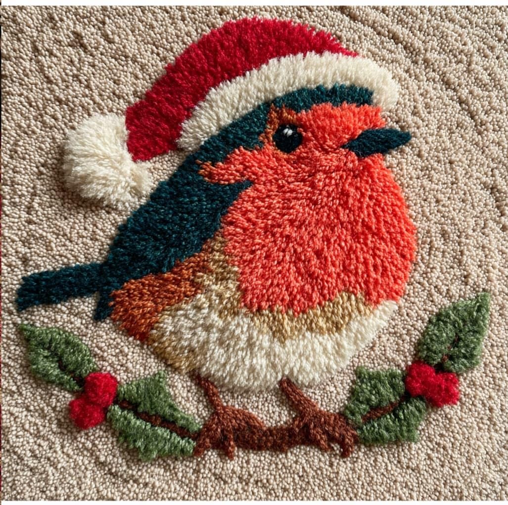 Henypt Latch Hook Craft Kit 17x17 Inch,Robin Complete Embroidery Cushion Kit,Creative Craft Stress Relief Handmade Gift for Beginners