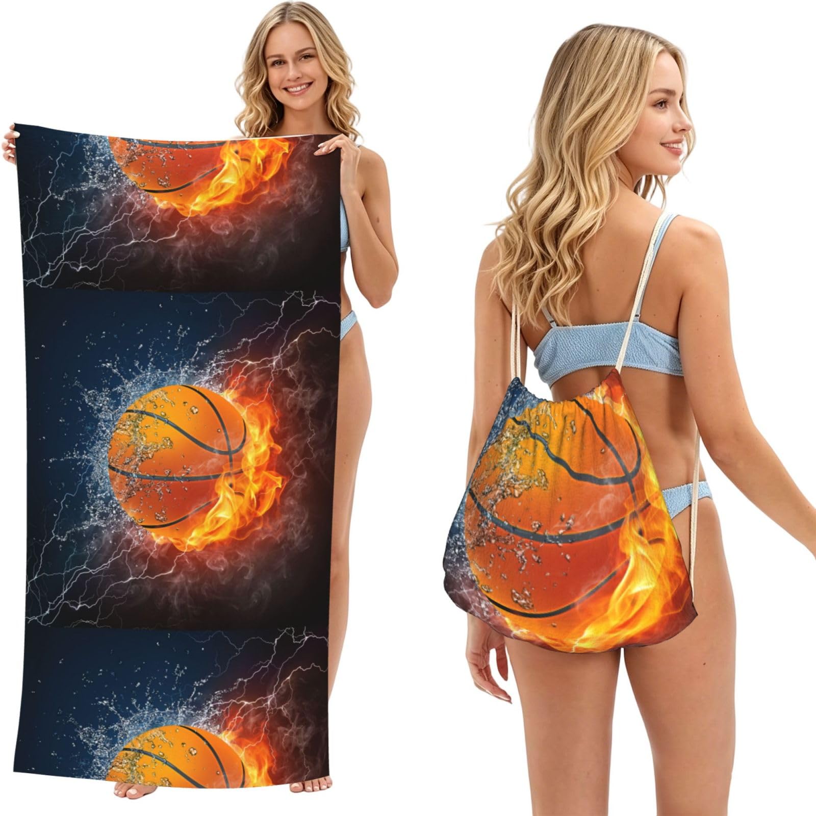 Poadnly As Picture Basketball In Water And Fire, 2 In 1 Packable Towel Bag, Beach Towels With Drawstring Backpack For Travel Holiday Camping