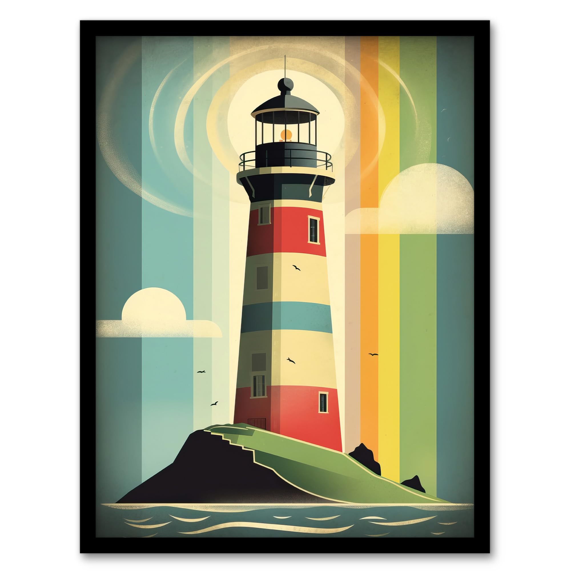 Artery8 Modern Stylised Lighthouse Flat Style Multicoloured Seascape Illustration Artwork Framed Wall Art Print 18X24 Inch
