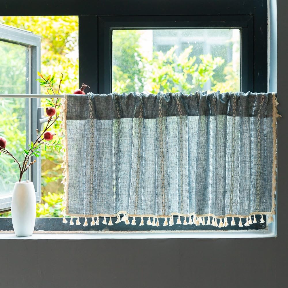 Sutuo Home Blue Boho Curtain 52W x 36L inch White Striped Light Filtering Short Valance Tier, 1 Panel Embroidery Bohemian Farmhouse Country Kitchen