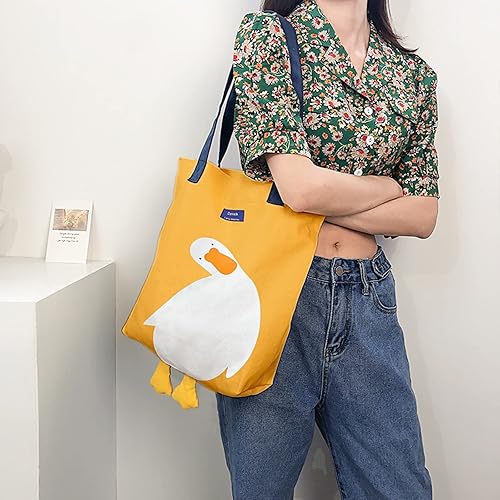 Miniatura 7 de Bonita bolsa de lona para mujer, bolsa de tela de algodón reutilizable para el almuerzo, compras y playa, con diseño de pato 3D, Amarillo