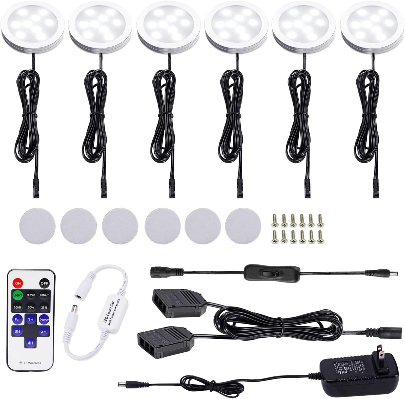 12V LED Under Cabinet Lights Kit 6 Pack Black Cord Aluminum Puck Lights for Kitchen Counter Closet Lighting with Wireless Dimmable RF Remote Control 6 Lights 12W (6000K Daylight White)