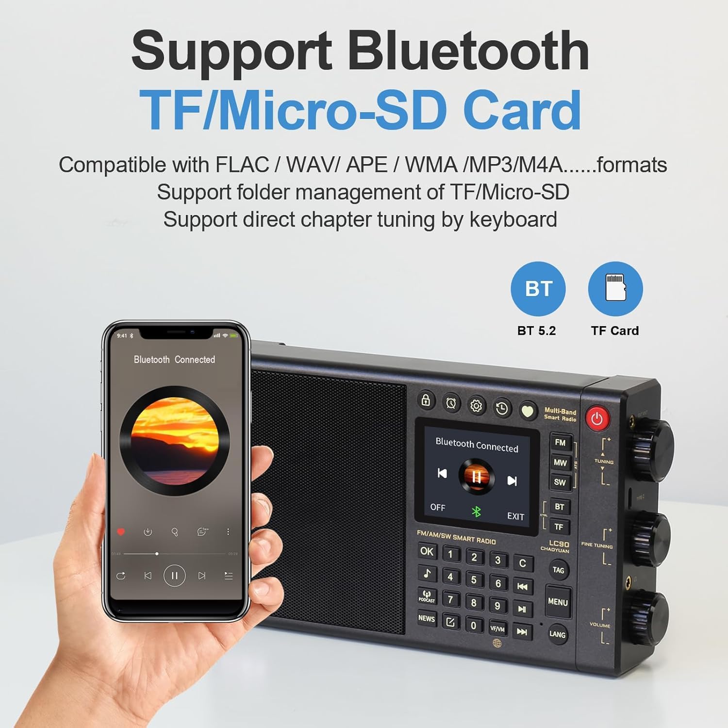 CHOYONG LC90 connected via Bluetooth to a smartphone, showing TF card slot