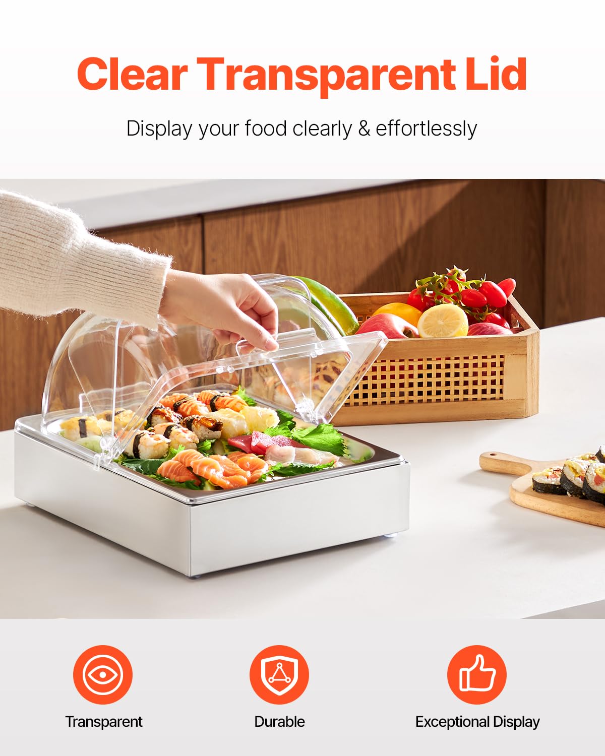 VEVOR Contenedor de Exhibición para Servir Alimentos sobre Encimera, de Acero Inoxidable, 1 x 1/2 Sartén, con Tapa Transparente y Bandeja de Hielo, para Restaurante, Fiesta, 345 x 276 x 245 mm