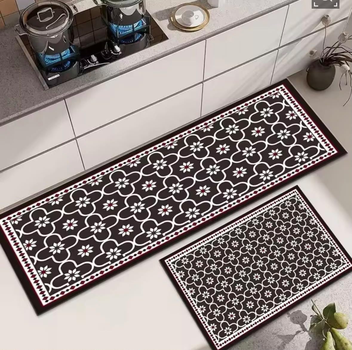 HomeCloud Rubber Kitchen Mats for Floor Set of 2 Pcs | Non-Skid, Soft Absorbent Rugs for Kitchen, Laundry, and Hallway | 120x40cm, 40x60cm| 4mm Thickness (Black_Trap_Flower)-picture-11