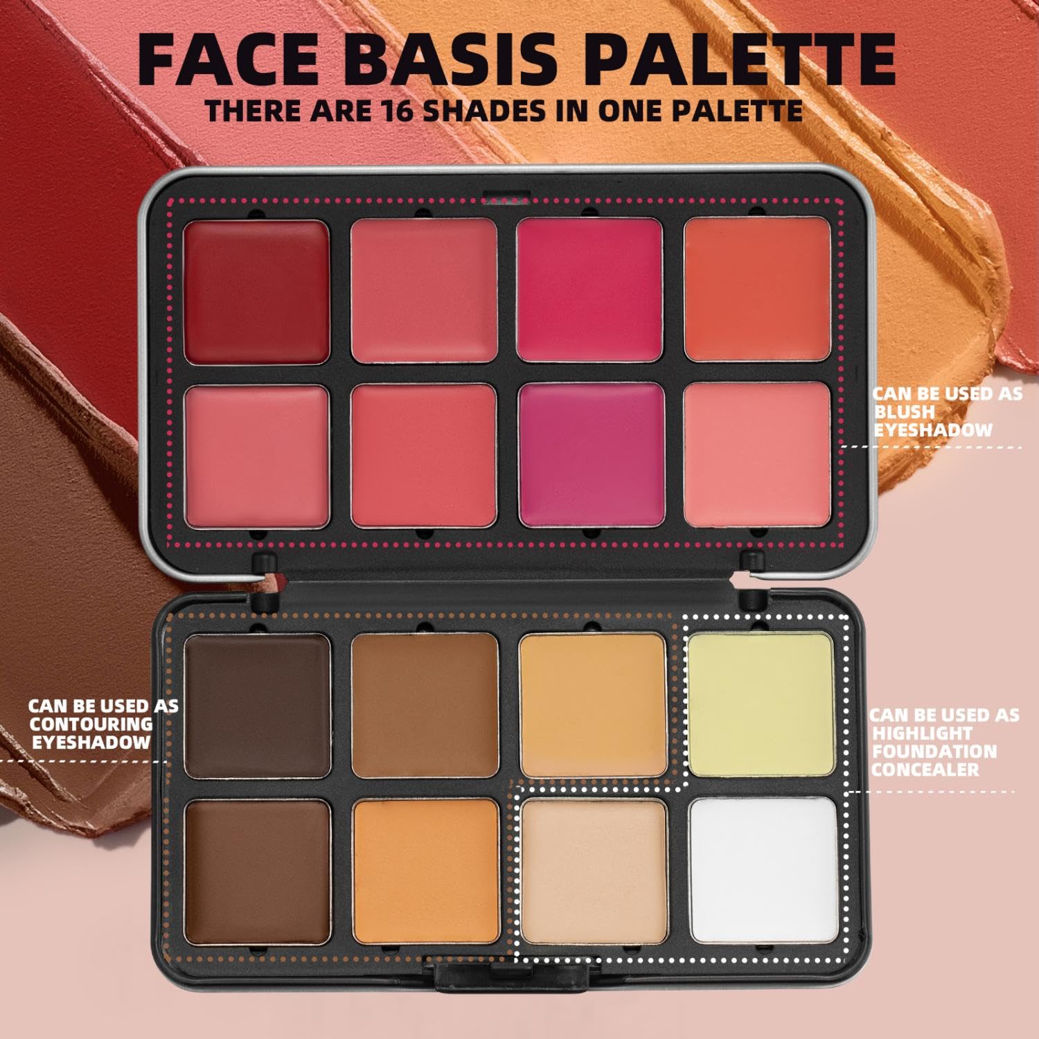 Paleta de sombra de ojos y rubor impermeable de 16 colores, de larga duración, a prueba de arrugas, corrector de cobertura completa y juego de maquillaje de contorno para iluminar, resaltar y acabado 2