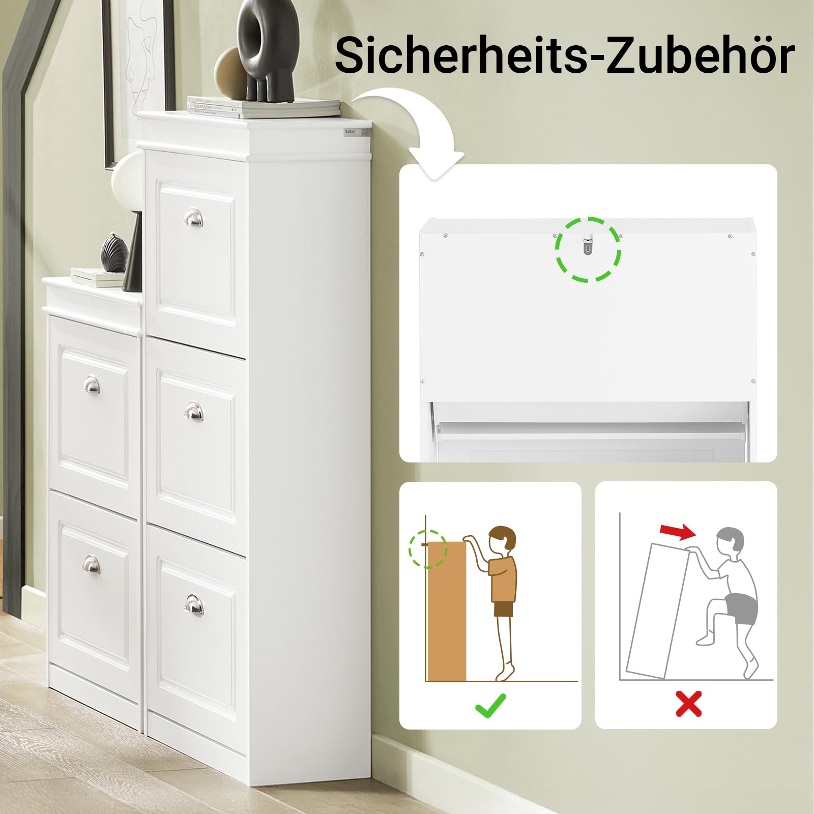 SoBuy Schuhkipper Schmal mit 3 Klappen - Schmaler Schuhschrank, Verstellbares Schuhregal Geschlossenfür Diele, Flur & Eingangsbereich - Flurschrank mit Kippsicherung 53x117x24cm Weiß FSR94-W