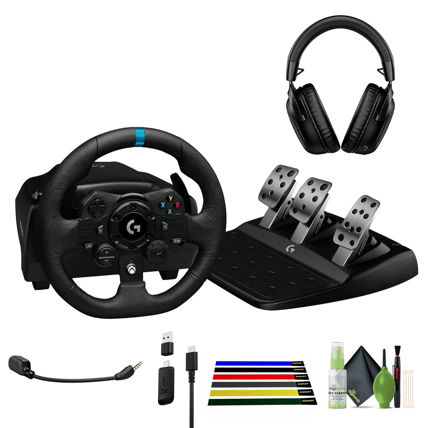 Logitech G G923 TRUEFORCE Sim Racing Wheel and Pedals for PC, Xbox X|S & Xbox One + HyperX Cloud III Wireless – Gaming Headset Bundle With Diginerds Cleaning Kit-7 in 1 + Cable Wraps