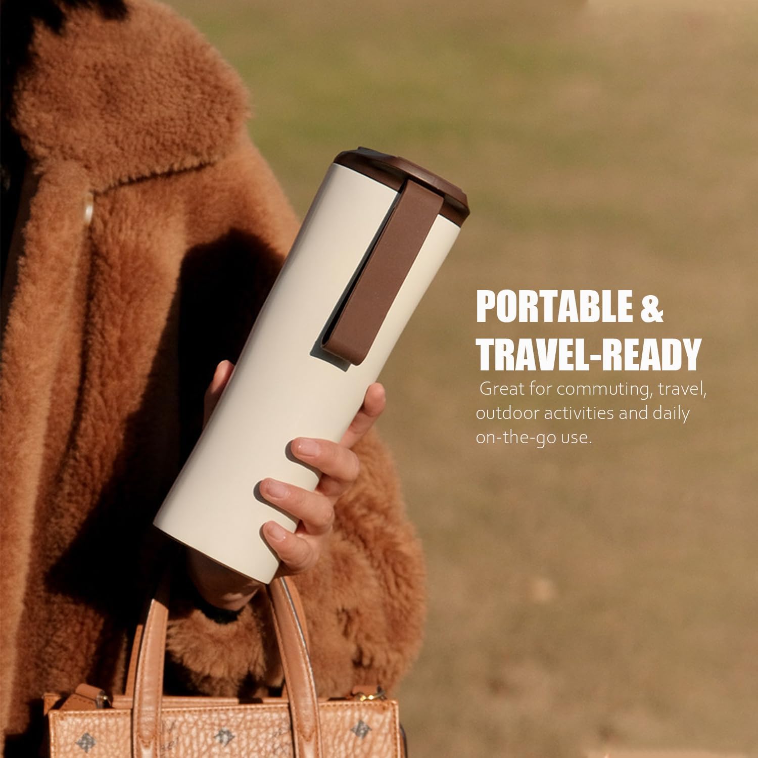 KKF MOKA Insulated Travel Tumbler with Handle, Stainless Steel Reusable Coffee Mug with Spillproof Flip Lid, Thermal Vacuum Cup for Hot & Cold Drinks, 14.5 oz - Simple White
