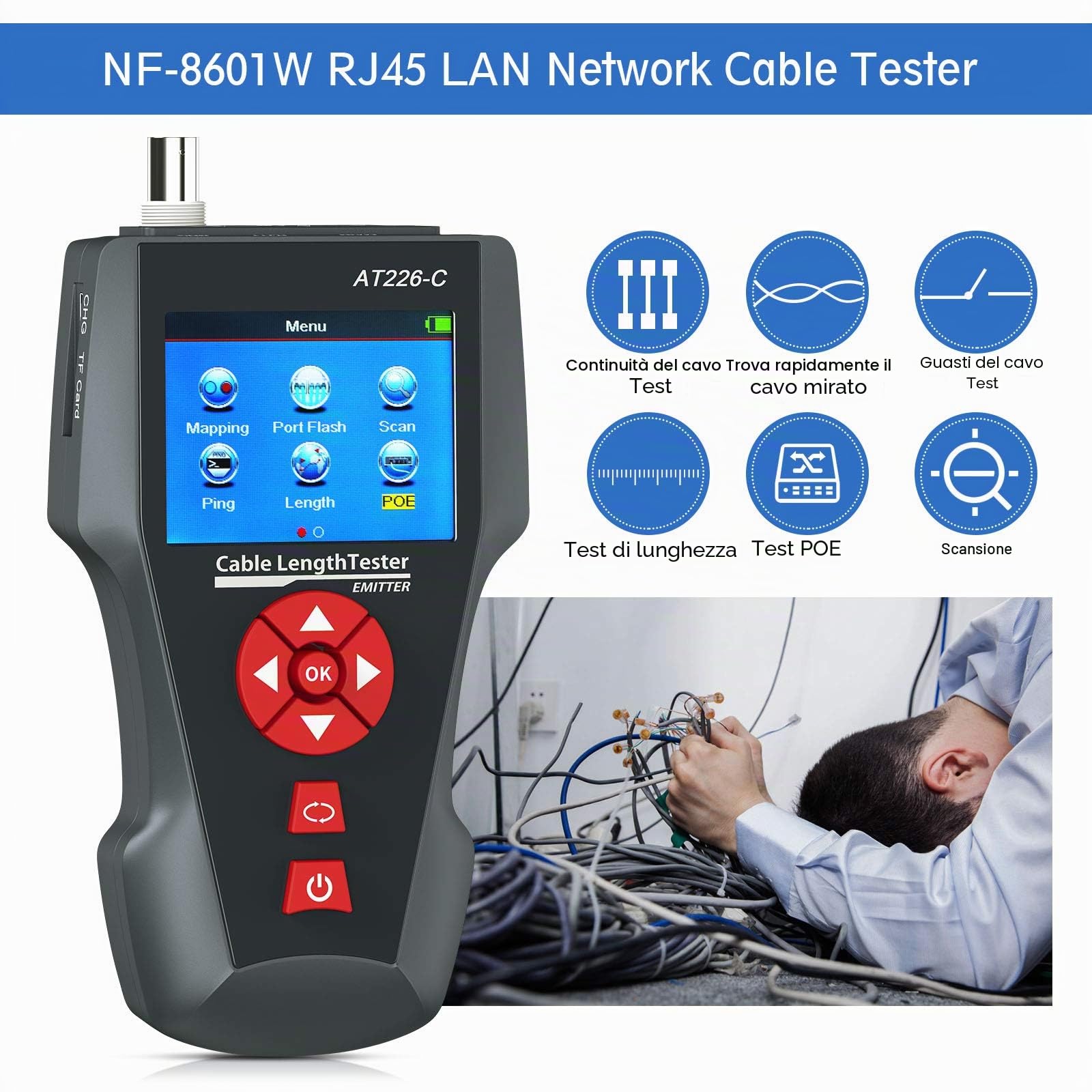 AT226-C Tester per Cavi di Rete con LCD,Tester Lan Con 8 Identificat