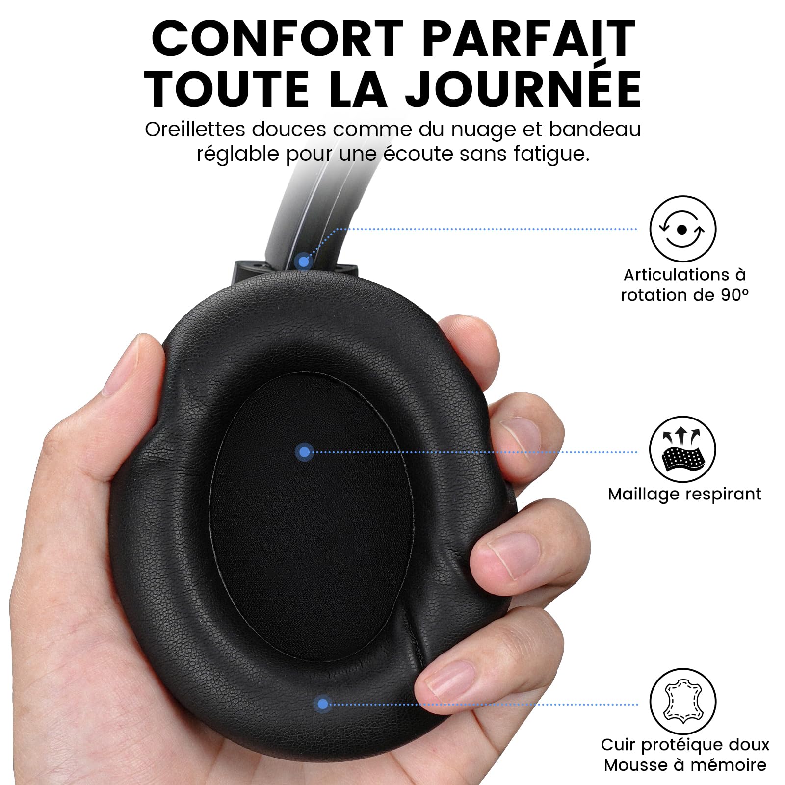 1Mii Y8 Casque Bluetooth sans Fil 6.0 Réduction de Bruit Active, Casque Audio Hi-Res Anti Bruit, 100H d'Autonomie, Basses Profondes, Confortable, IA Chat Vocal, EQ Personnalisable Via App - Noir