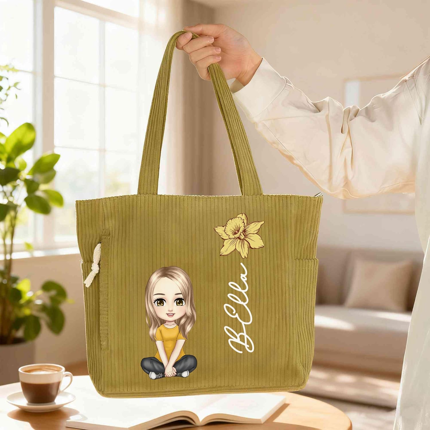 CALLIE Personalized Corduroy Tote Bag for Women | 4 Colors Custom Cartoon Character Birth Flower & Name on Cute Tote Bags Corduroy Shoulder Bag with Pockets | Gifts for Mother Wife Sister Friends - Image 7