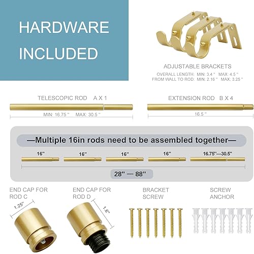 Miniatura 10 de Barras de cortina para ventanas de 16 a 88 pulgadas de longitud ajustable, barra de cortina de ventana de 1 pulgada de diámetro con tapa de extremo