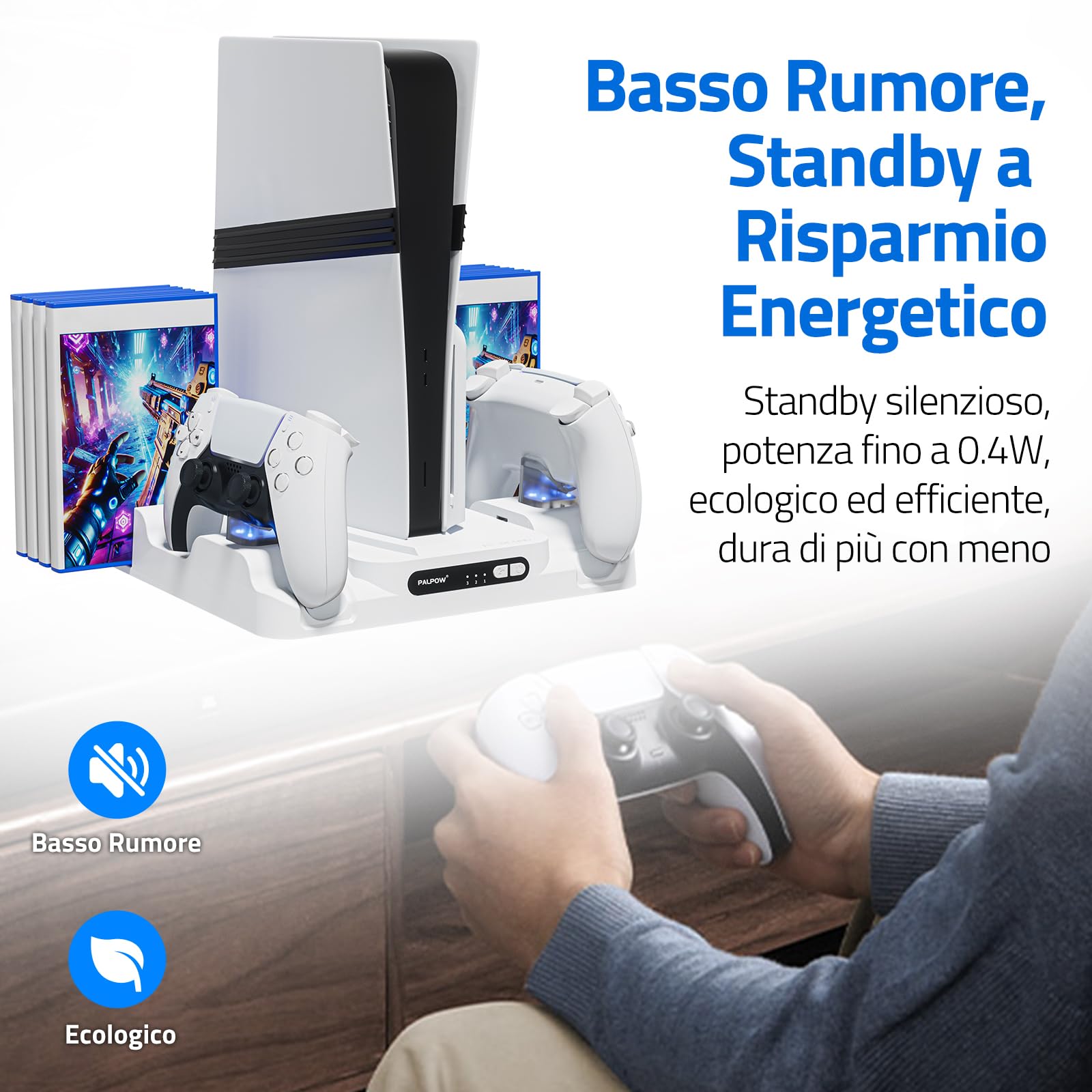 Supporto di raffreddamento PALPOW compatibile con PS5 Pro/Slim/PlayStation 5, disco e caricabatterie digitale per accessori PS5 - Ventola a 3 velocità, illuminazione LED - Bianco