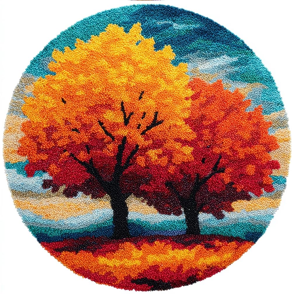 kitphoenix Rug DIY Crafts Yarn Carpet Round Shape Autumn Golden Tree Leaves