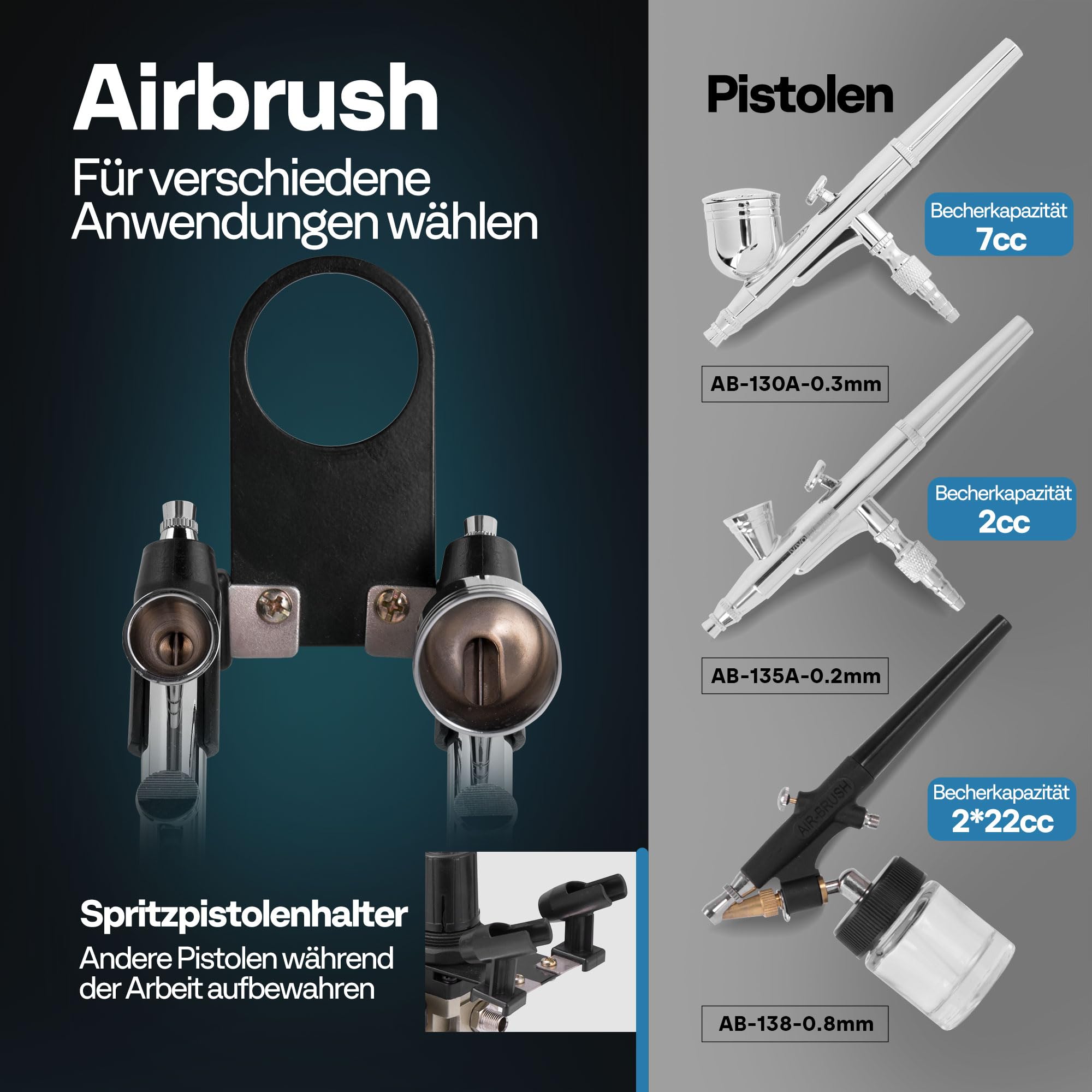 VIVOHOME Airbrush-Set mit 1/5 PS professionellem Luftkompressor und 3 Dual-Action-Airbrush-Pistolen, Schwerkraft- und Siphon-Zufuhr, leises Airbrush-Set mit Halter, Reinigungsbürste, Klebeband