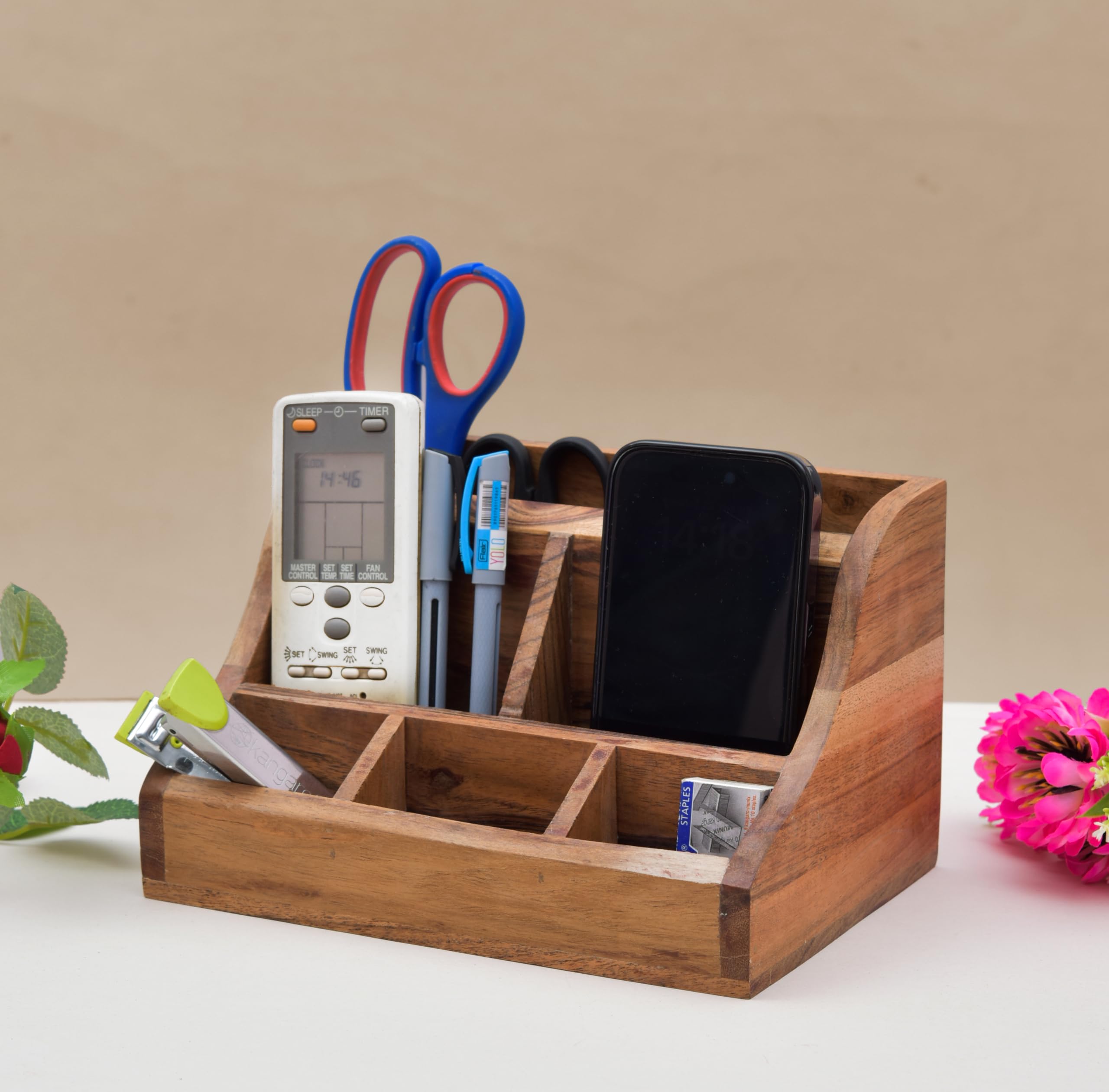 OGGN Multipurpose Wooden Desk Organiser, Natural Acacia Wood Pen and Pencil Stand, Wooden Holder, Wood Caddy Stand, Multi Compartment Woods Space Holder, Office Table Organisers - 9 X 6 Inch