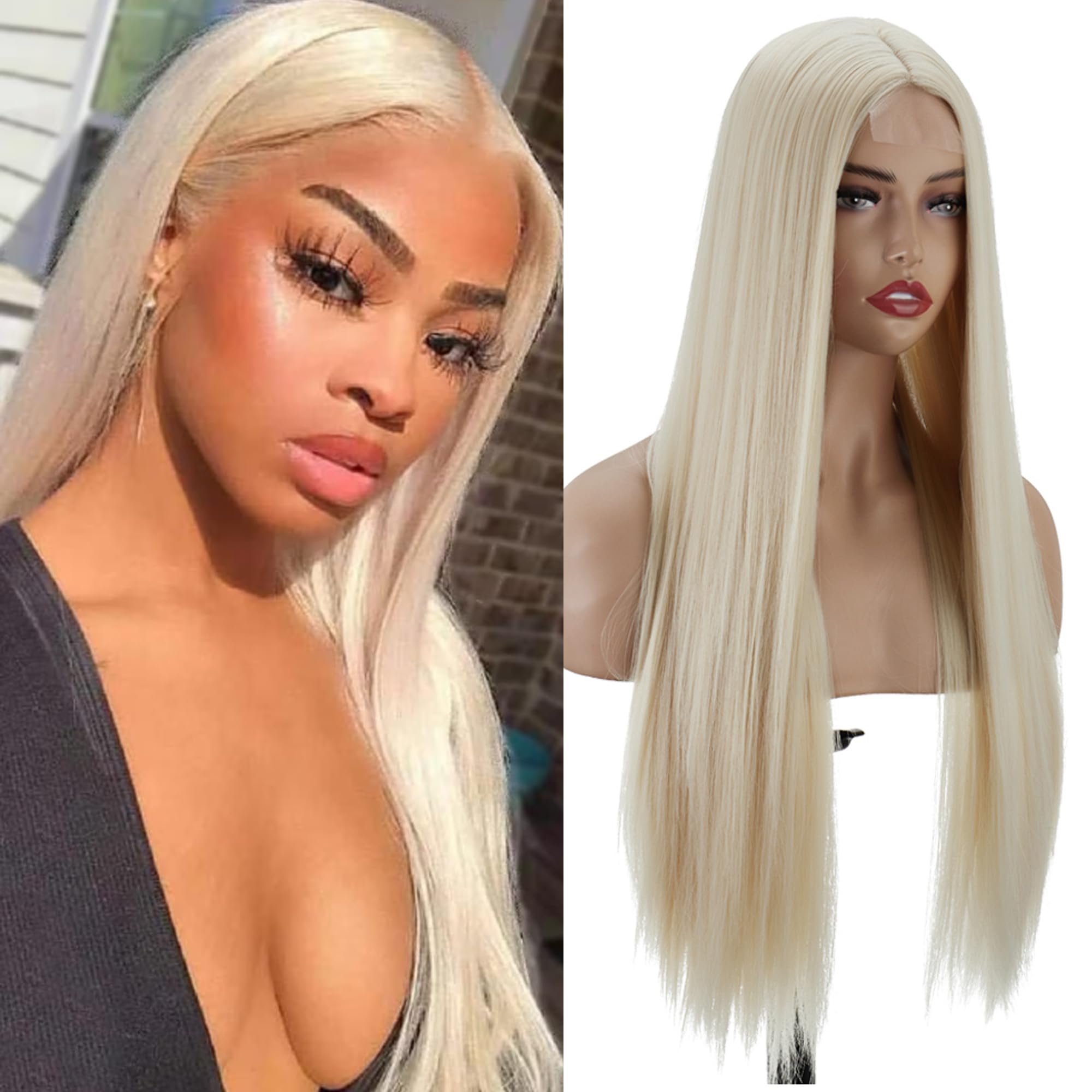 PORSMEER Long Platinum Blonde Natural Looking Glueless Middle Part Wig For Womens Ladies Straight Silky Synthetic Heat Resistant Hair Wig 28inch