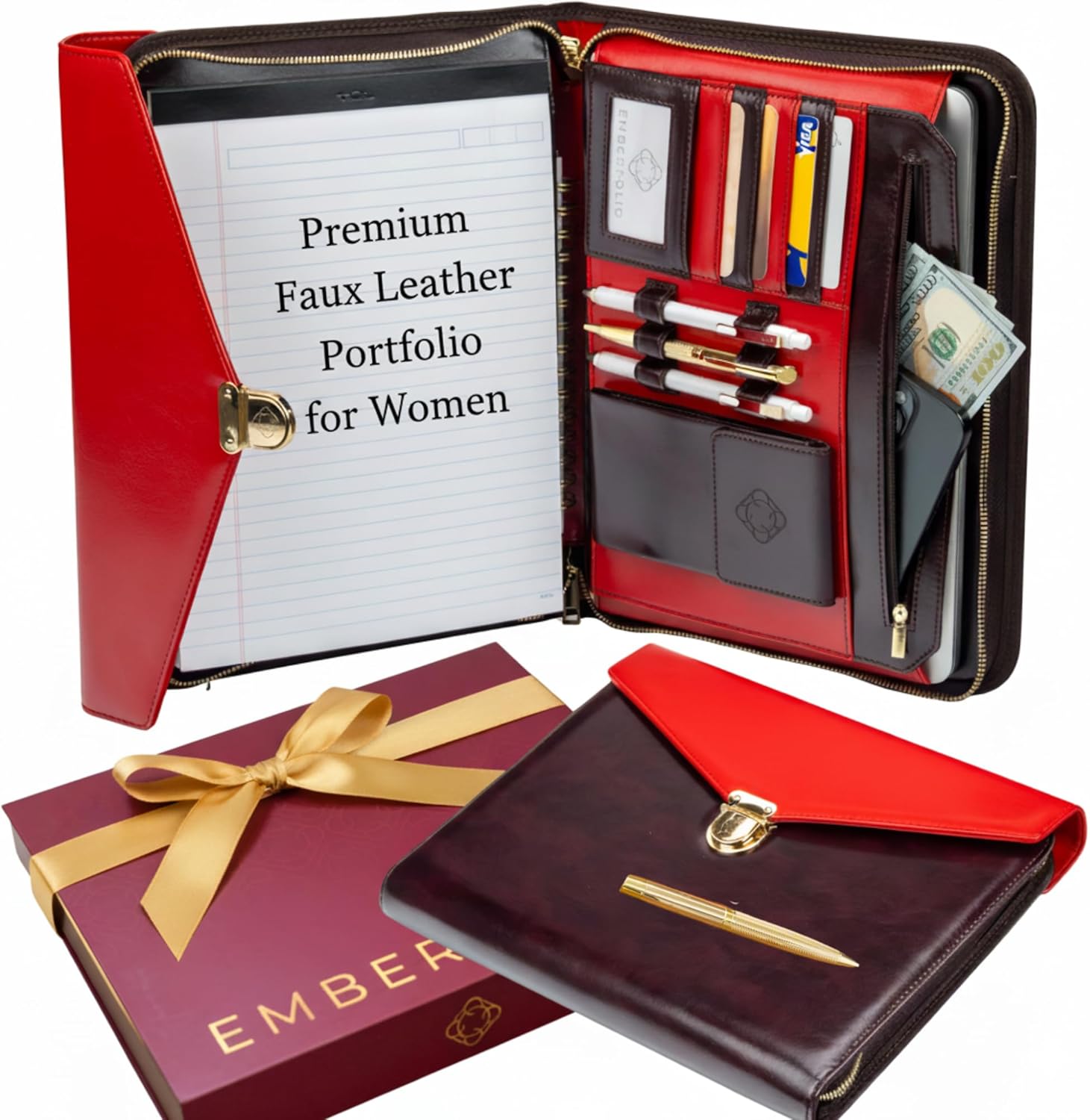 Business Portfolio- Premium Vegan PU Leather Padfolio with Durable Zipper & 13 inch Tablet Sleeve. Resume Folder for Interview & Documents Organizer. Gift Box & Pen Included