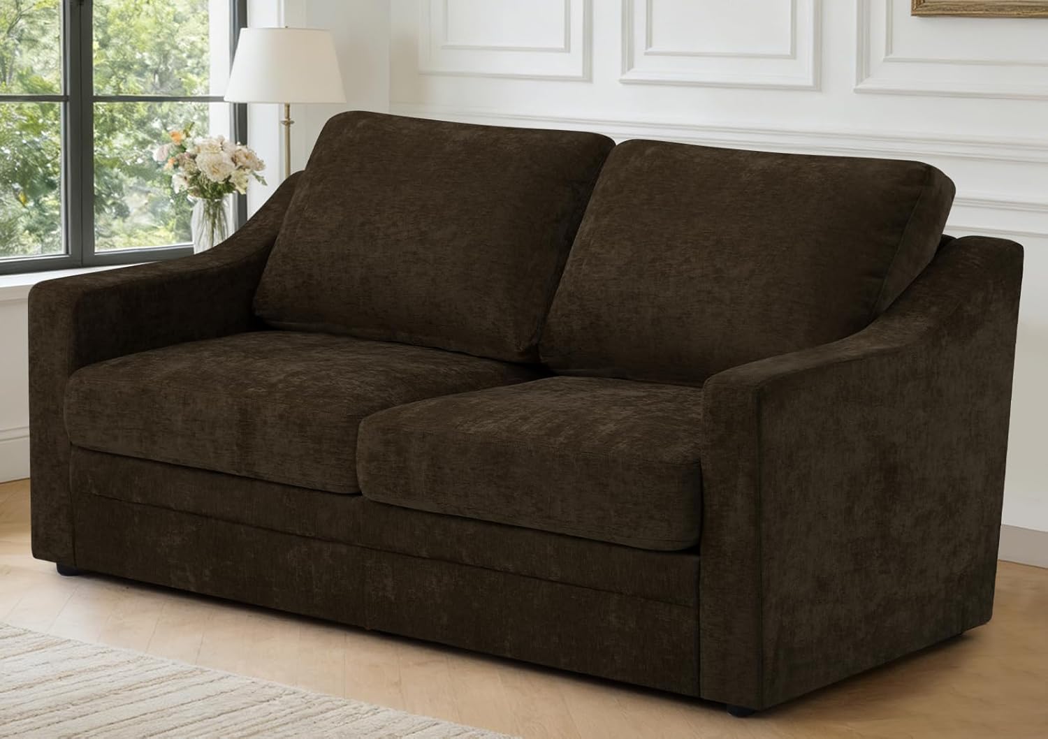 67” Chenille Loveseat Sofa w/Comfortable Back Cushions & Curved Armrests, Modern 2-Seat Couch w/Deep Seat Space, Upholstered 2 Seater Sofa w/High Resiliency Foam for Living Room, Brown