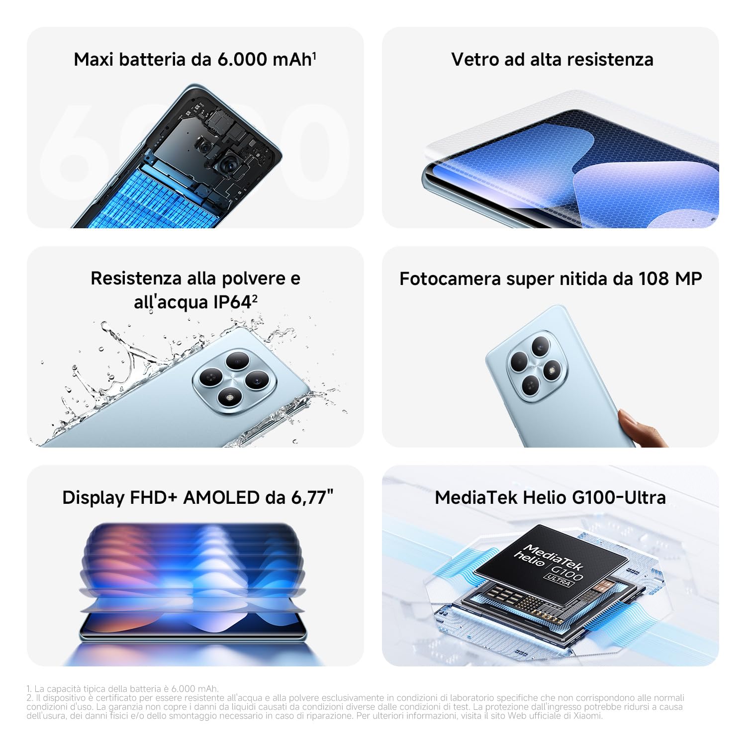 XIAOMI Redmi Note 15, Smartphone 6+128GB, Batteria da 6000 mAh, Resistenza all’acqua, Fotocamera super nitida da 108 MP, Display FHD+ da 6,77", Nero, Garanzia 2 anni, Caricatore non incluso