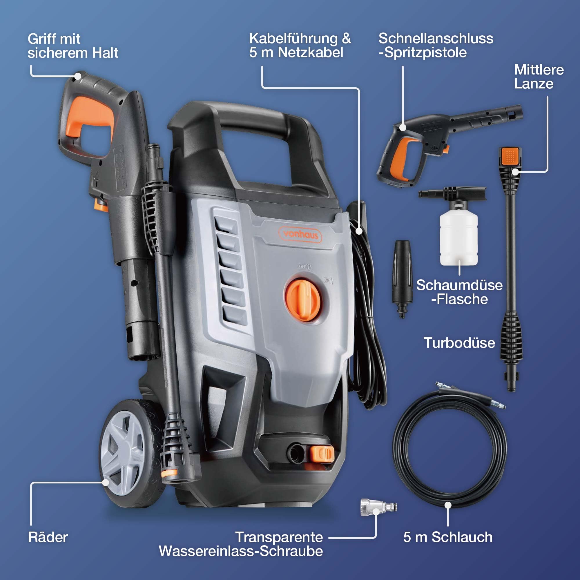 VonHaus Hochdruckreiniger 1600W inkl. 7 TLG Zubehör, Tragbar
