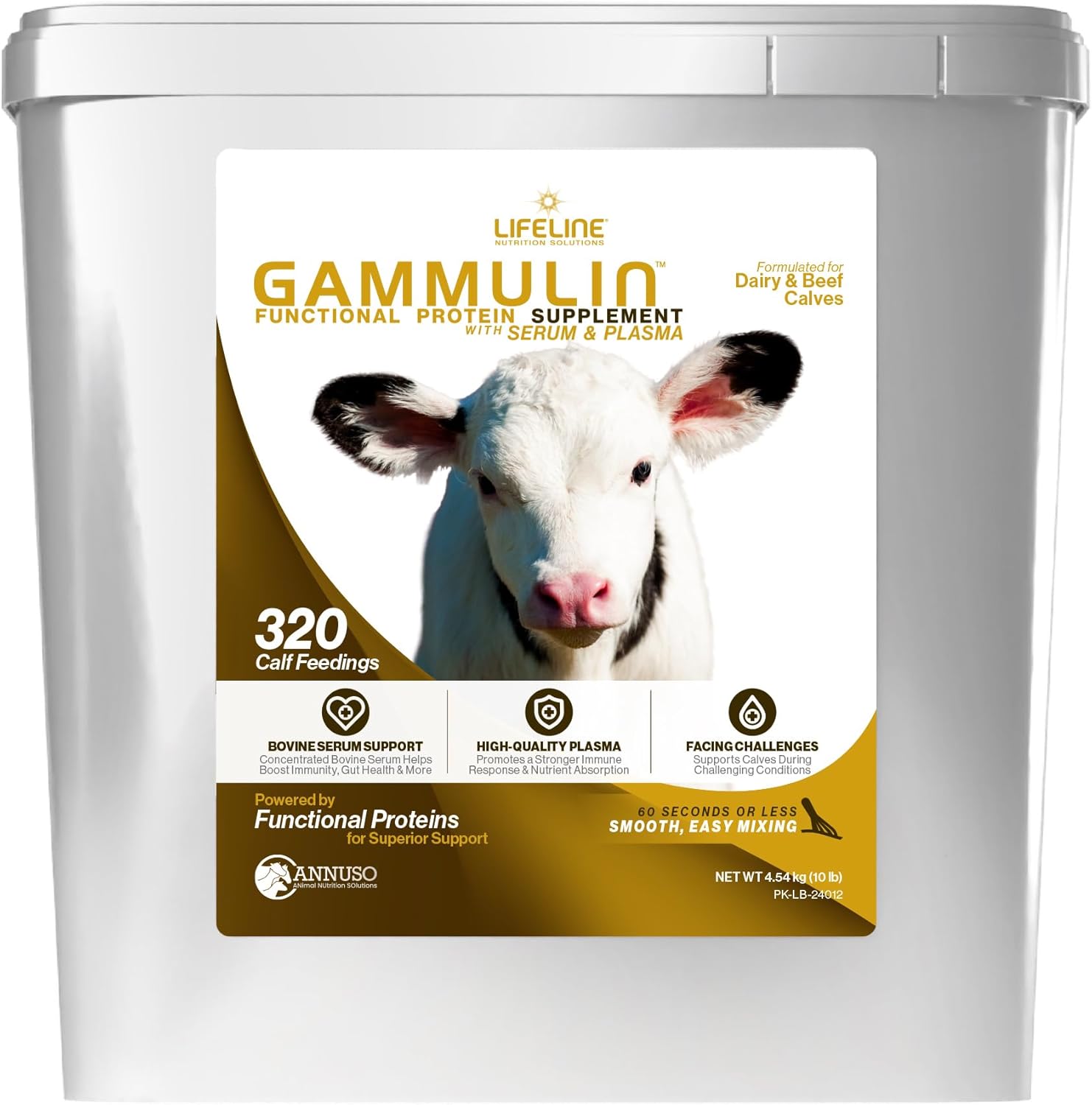 ANNUSO LIFELINE Gammulin Immune & Intestinal Support for Calves, 10lb Pail - Functional Protein Supplement for Days 2-15 - Mix with Milk or Milk Replacer - Vitamins, Minerals, Immune Support