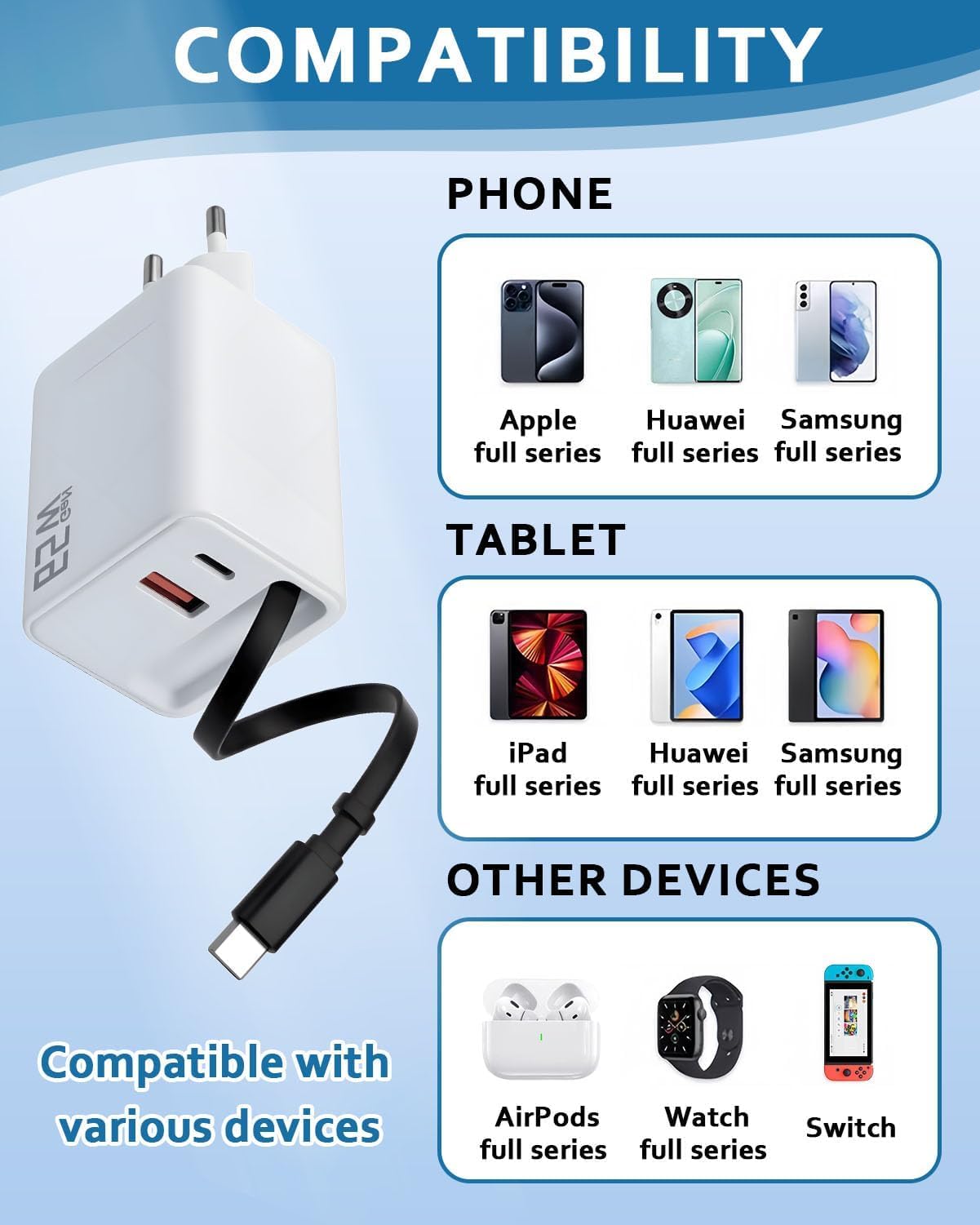 Caricatore USB-C GaN 65W 3 in 1 con Cavo Retrattile USB C GaN a 3 Porte con Cavo di Ricarica Retrattile da 70cm per iPhone 16/15/14 Pro Max, Galaxy S25 Ultra, iPad, Huawei Pura 70