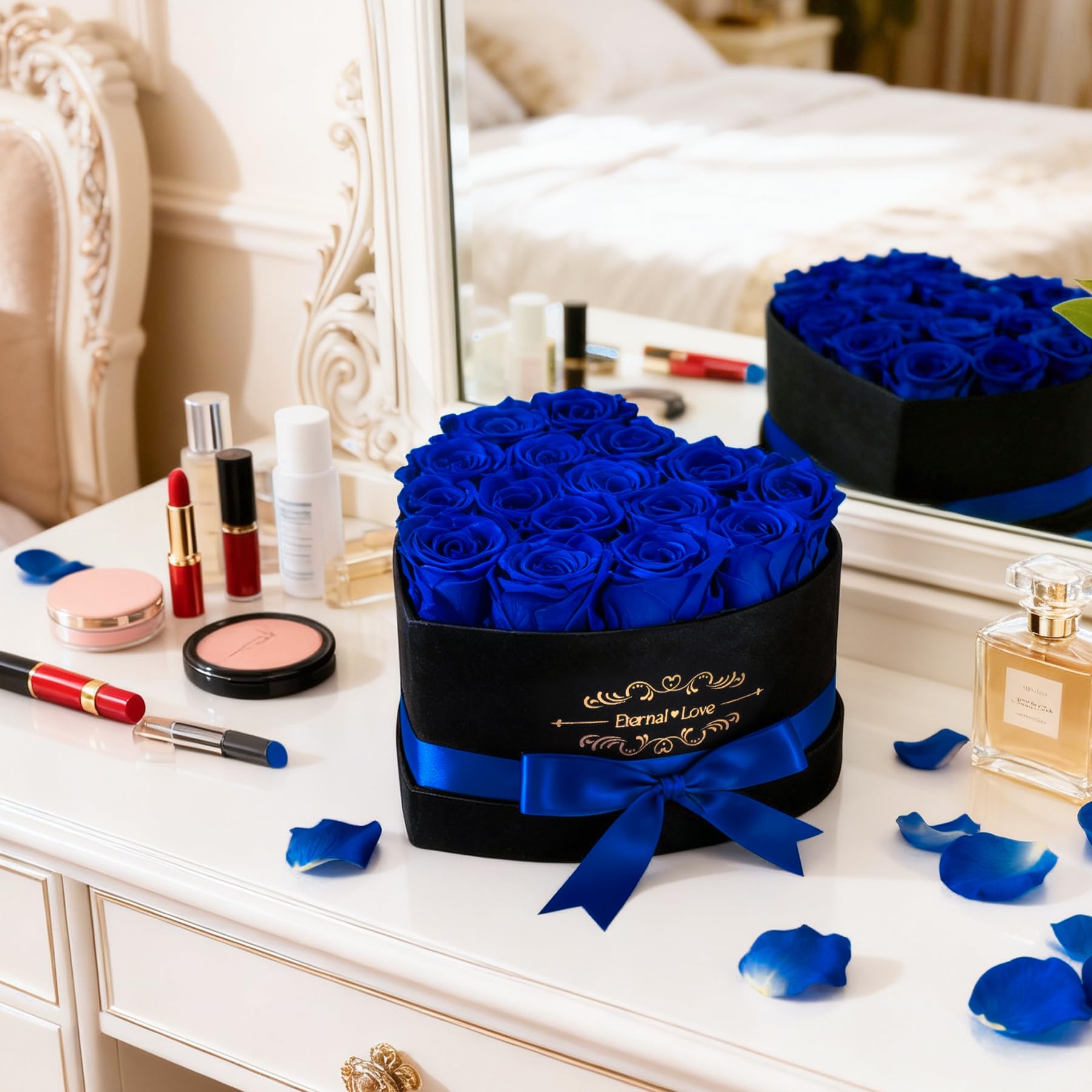 16 Rosas Eternas Azul Corazón Caja Regalo, Rosas Natural Preservada Día de San Valentín Aniversario Día de la Madre Cumpleaños Regalo romántico para Esposa Novia Mamá Abuela