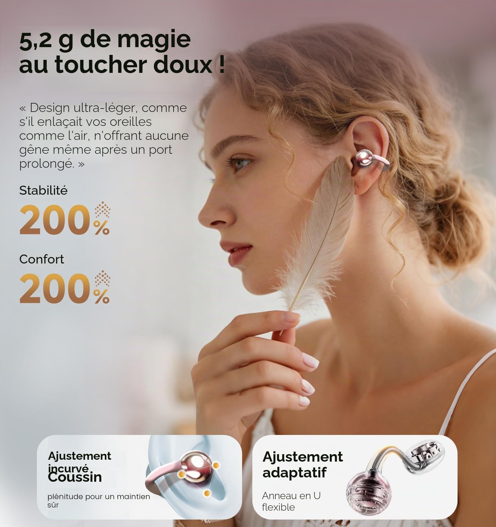 King Lucky Écouteurs à Clipser sans Fil Bluetooth 6.0 avec Micro, 50 Heures de Lecture, Suppression du Bruit, étanche, Confortable pour Les porteurs (Rose, Standard)