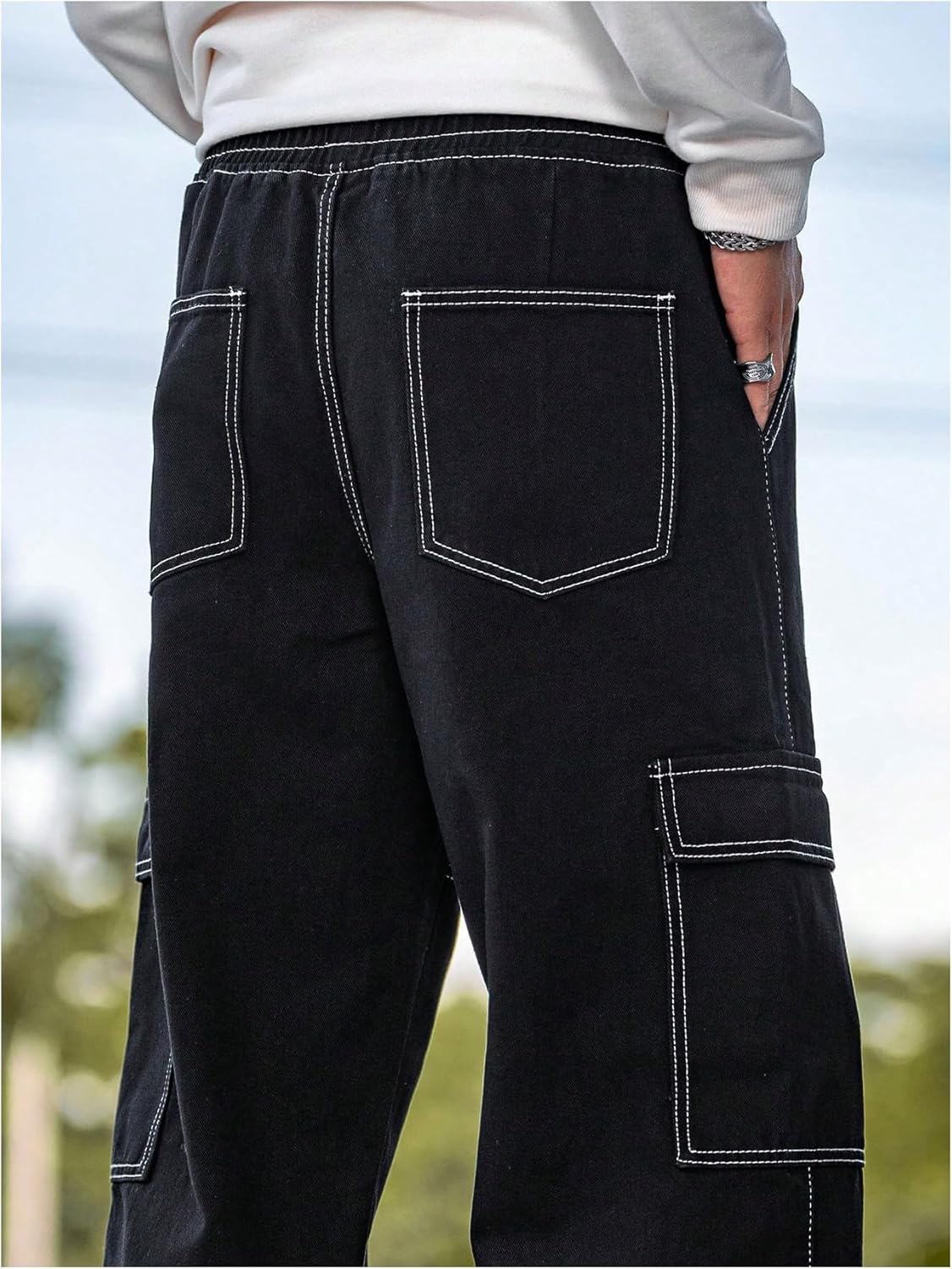 Verdusa Men's Cargo Jeans Streetwear Drawstring Waist Straight Leg Denim Pants with Pockets - Image 6