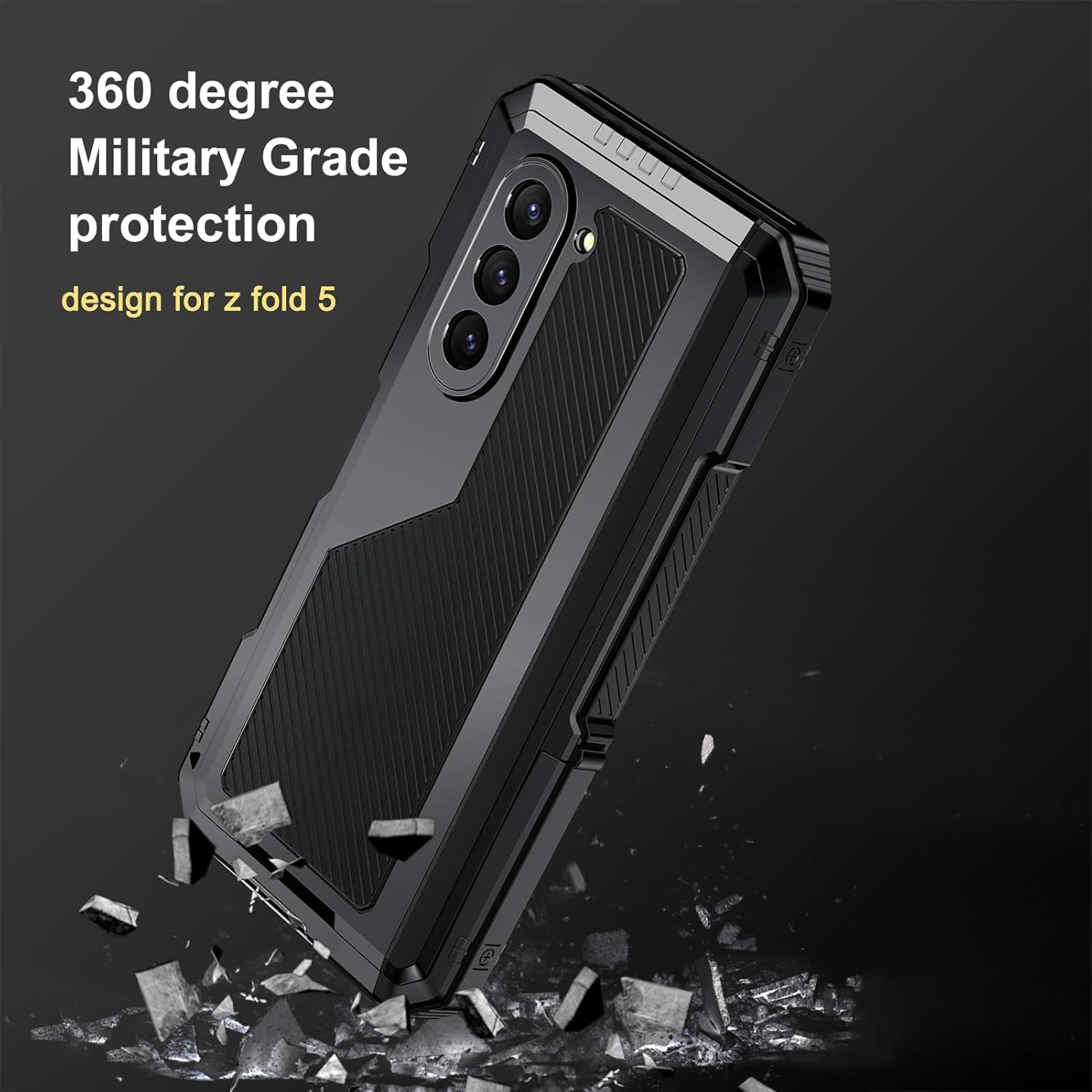 for Samsung Galaxy Z-Fold-5 Case with Fold 5 Slim S Pen Holder (2023), Metal Bumper Premium Heavy Duty Shockproof Protective, Hinge Protection, Screen Protector, Rugged Phone Cover 5G, Black