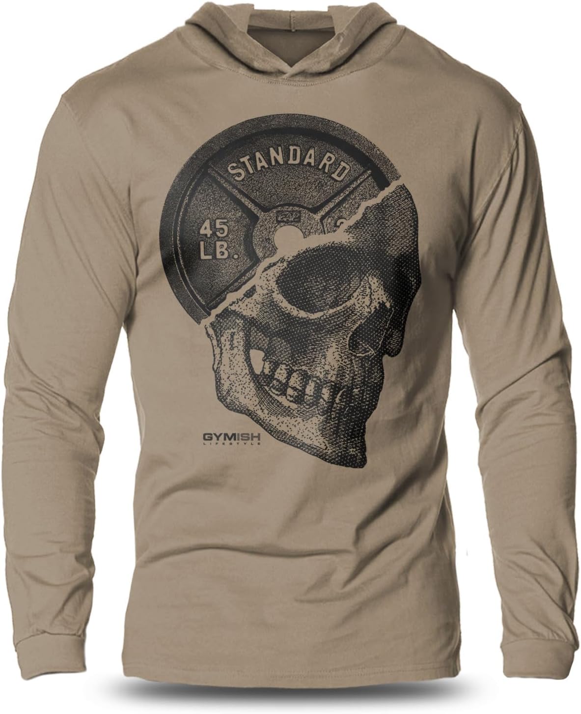 Gymish Lifestyle Weight Lifting Gym Skull Plate Hooded Shirt, Long Sleeve Men's Workout T-Shirt