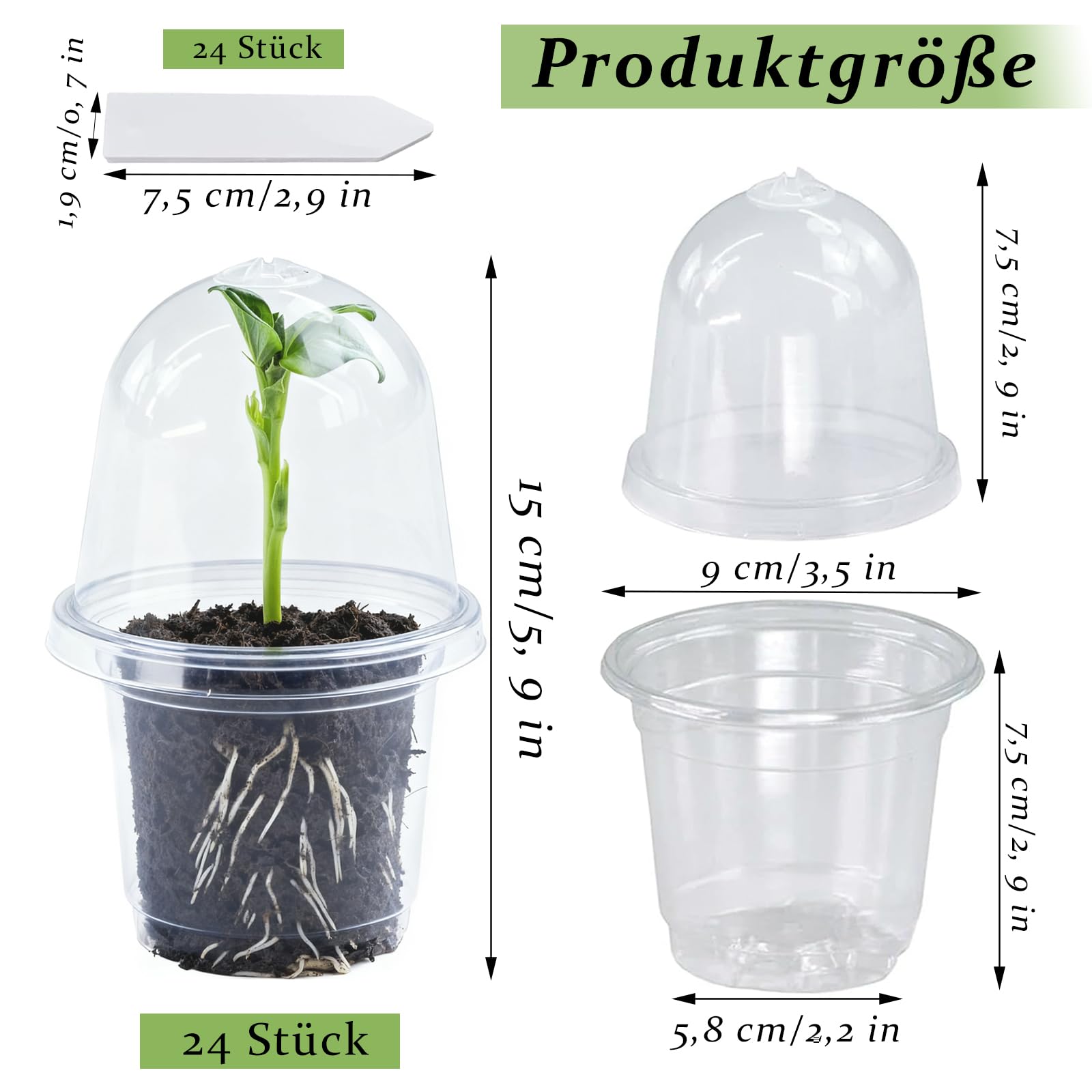 Pot de Fleurs, 24 Pièces Pot Transparent Plante avec Couvercles, 9 cm de Diamètre, Pots de Culture en Plastique, Pots de Fleurs avec 24 Étiquettes Plates, pour Plantes Grasses, Semis