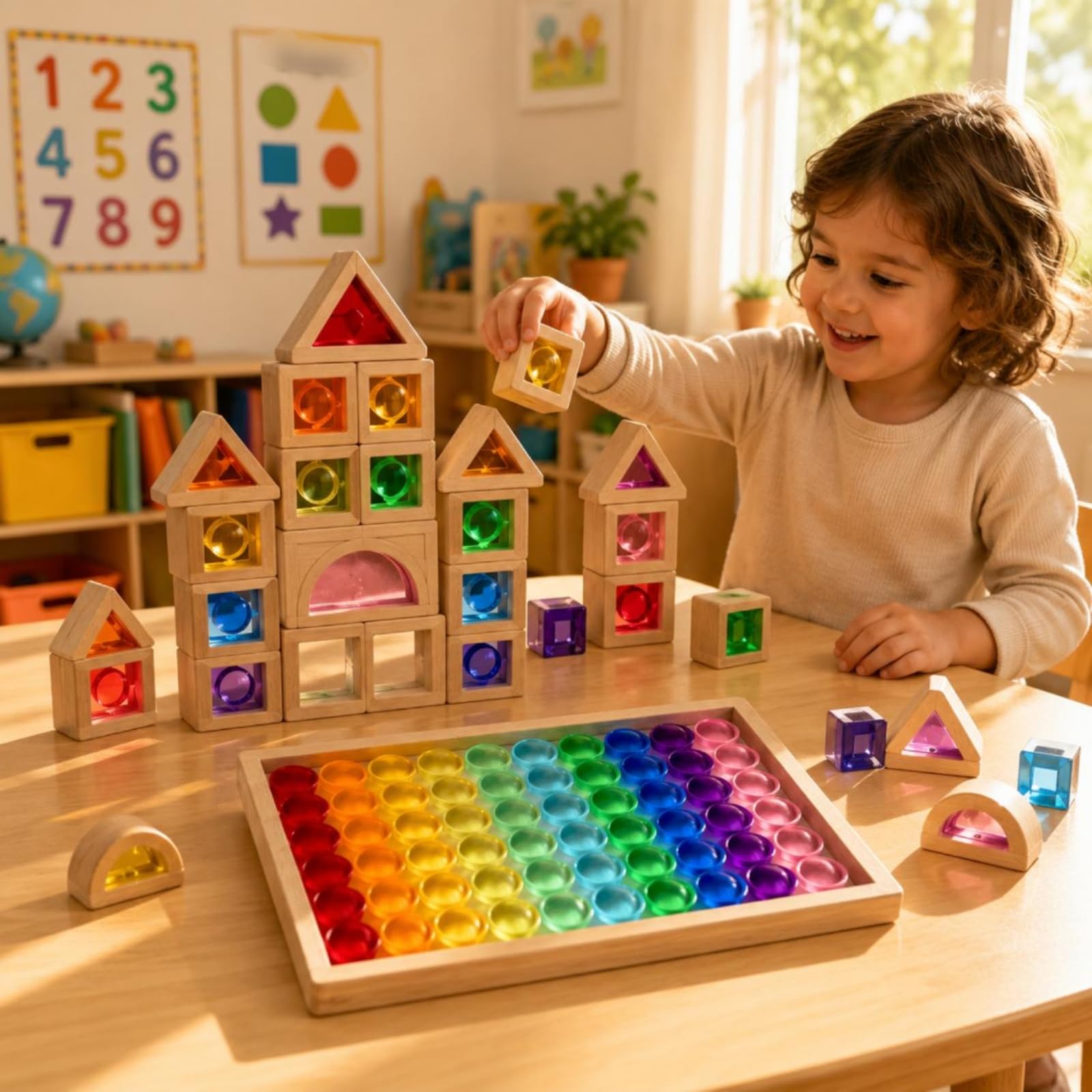 Kinder Bauklötze Holz Acryl Scheiben Zylinder Steine Stapelspiel Set Musterbau Lernspielzeug Aufbewahrungsbox für Kita Klassenzimmer Spielzimmer