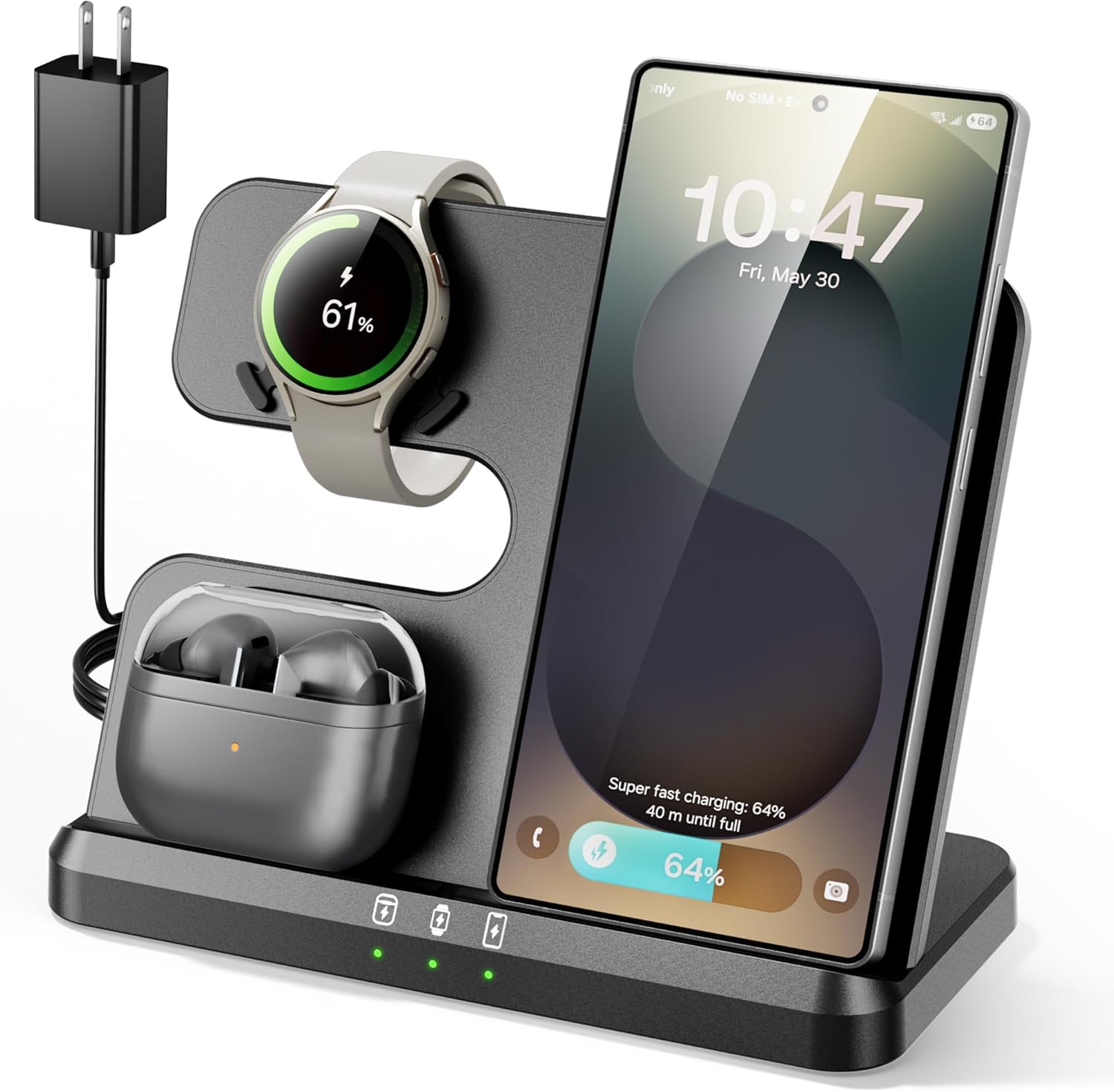 3 in 1 Charging Station for Samsung, Wireless Phone and Watch Charger for Galaxy S25 Ultra/S24/S23/Z Fold, Qi-Certified Fast Charging for Samsung Watch Galaxy 8/7/6/5, Galaxy Buds 3/2/Pro