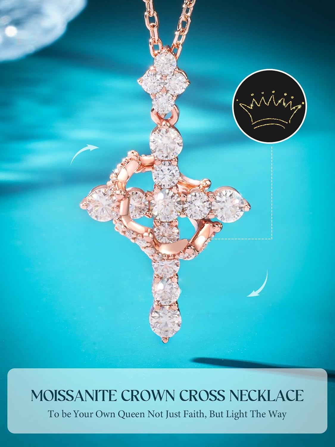 YIMERAIRE Upgraded Moissanite Crown Cross Necklace 14K Gold Vermeil 1.1 Carats Dainty Iced Out Easter Basket Stuffer Cross Jewelry S925 Sterling Silver Simple Gold Christian Faith Moissanite Cross Pendant Necklace For Women