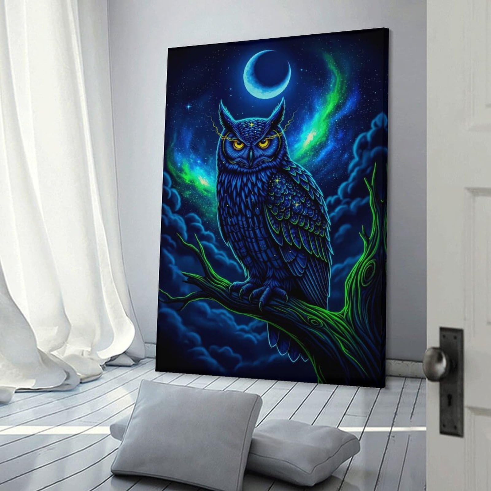 Junmoney Room Decor Wall Art Neon Owl Under Crescent Moon, 20x30inch(50x75cm), for Gallery Wall Decor And Room Displays, An Easy Match for Collected Prints