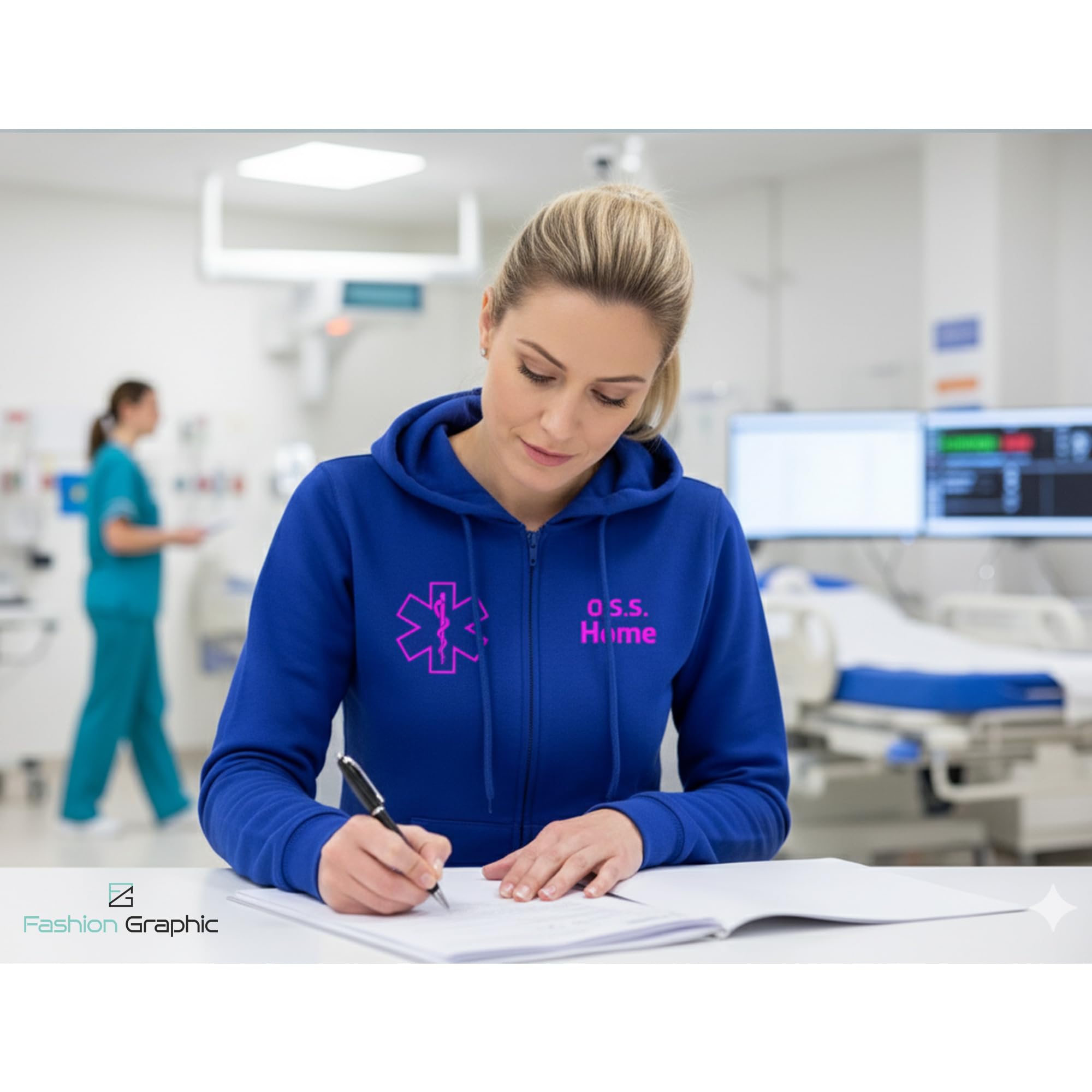 Fashion Graphic Felpa Donna OSS operatore Socio, Divisa OSS Blu, Felpa Donna con Cappuccio con Zip Personalizzata, Felpa Infermiera con Zip Taglie da XS a XL