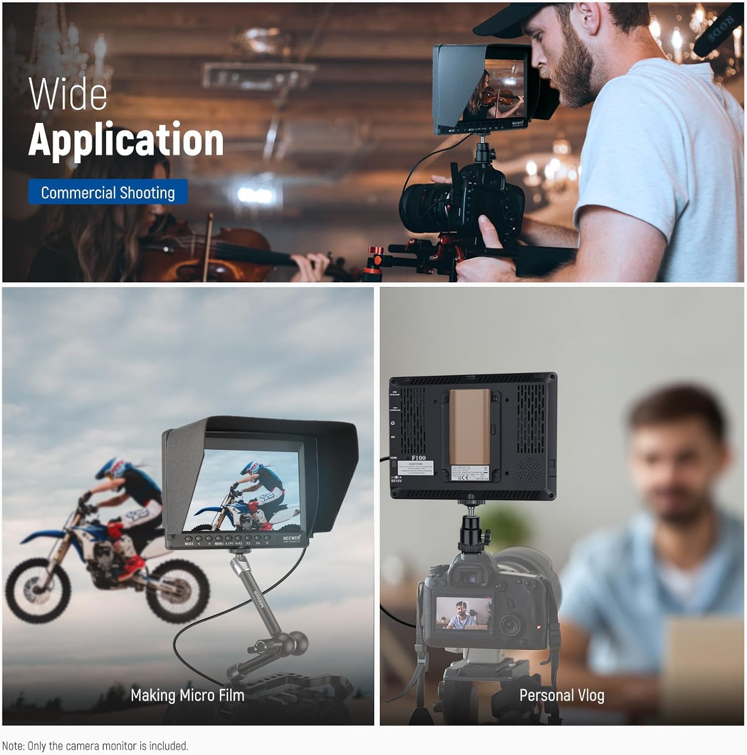 NEEWER F100 7" Monitor da Campo per Fotocamera HD Video Assist IPS 1280x800 HDMI 1080p con Batteria F750 4400mAh, Parasole e Testa Sfera 360° per DSLR Camera, Stabilizzatore Portatile, Rig Video Film