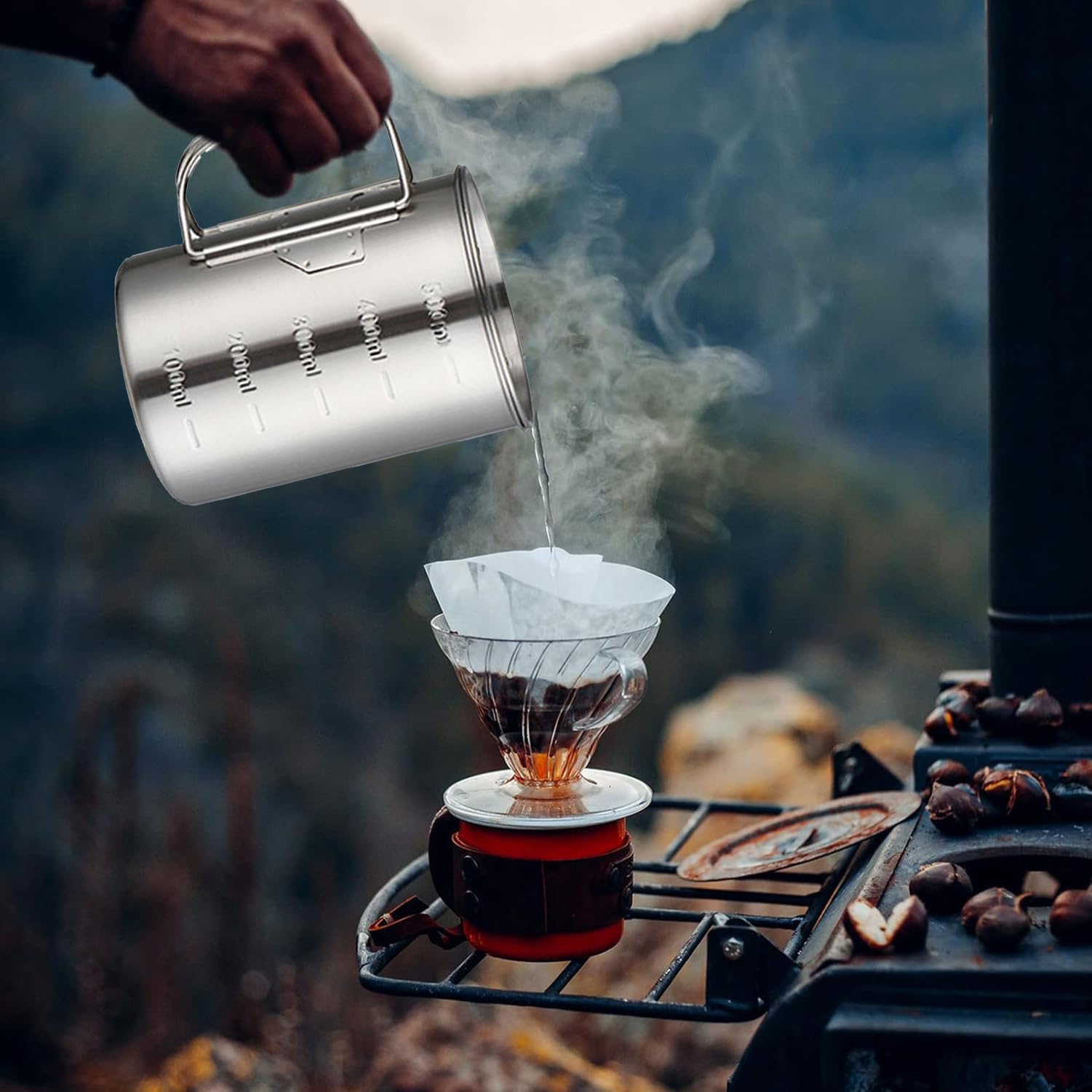 Glamora Tazza da campeggio in acciaio inossidabile,con Maniglia Pieghevole Ultra Leggero Portatile 500ml Acqua Tazza,Per Picnic Escursionismo Campeggio Escursionismo
