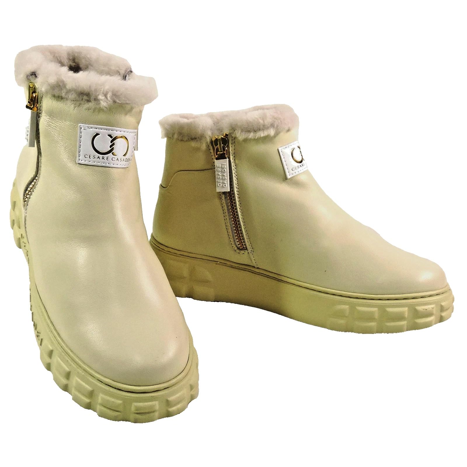 Casadei Cesare Luxury Winter Ankle Boots Ivory White Leather with Fur Trim Gold Zipper Detail Chunky Platform Sole