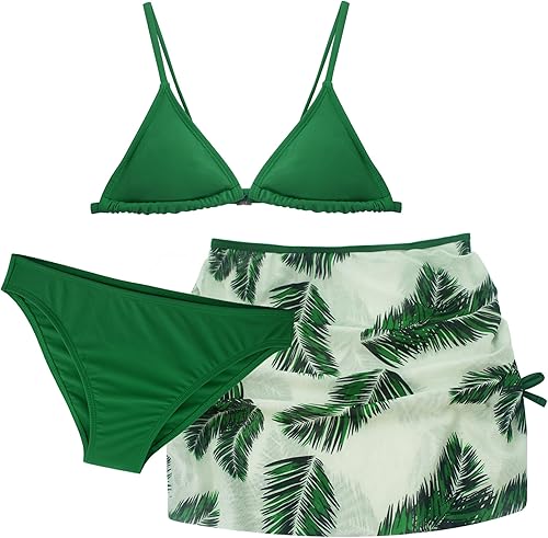 Happy Cherry Girls 3 Pieces Bikini Set Floral Print Wrap Swimsuit Drawstring Beach Skirt Cute Ruched Bathing Suit