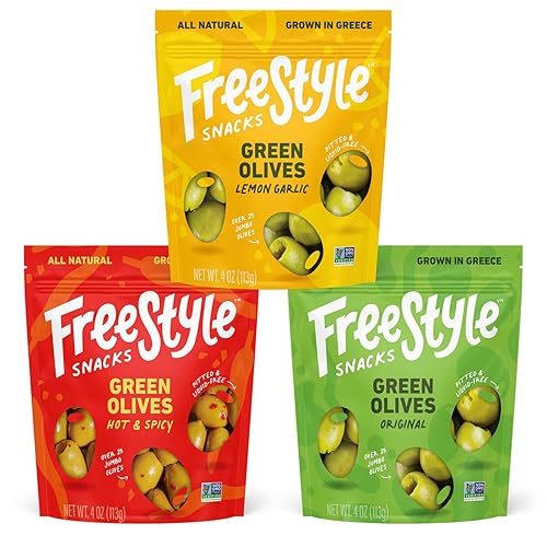 Freestyle Snacks Paquetes de aperitivos de aceituna Aceitunas verdes frescas sin hueso, 3 sabores, tamaño gigante, cultivadas en Grecia, aperitivo
