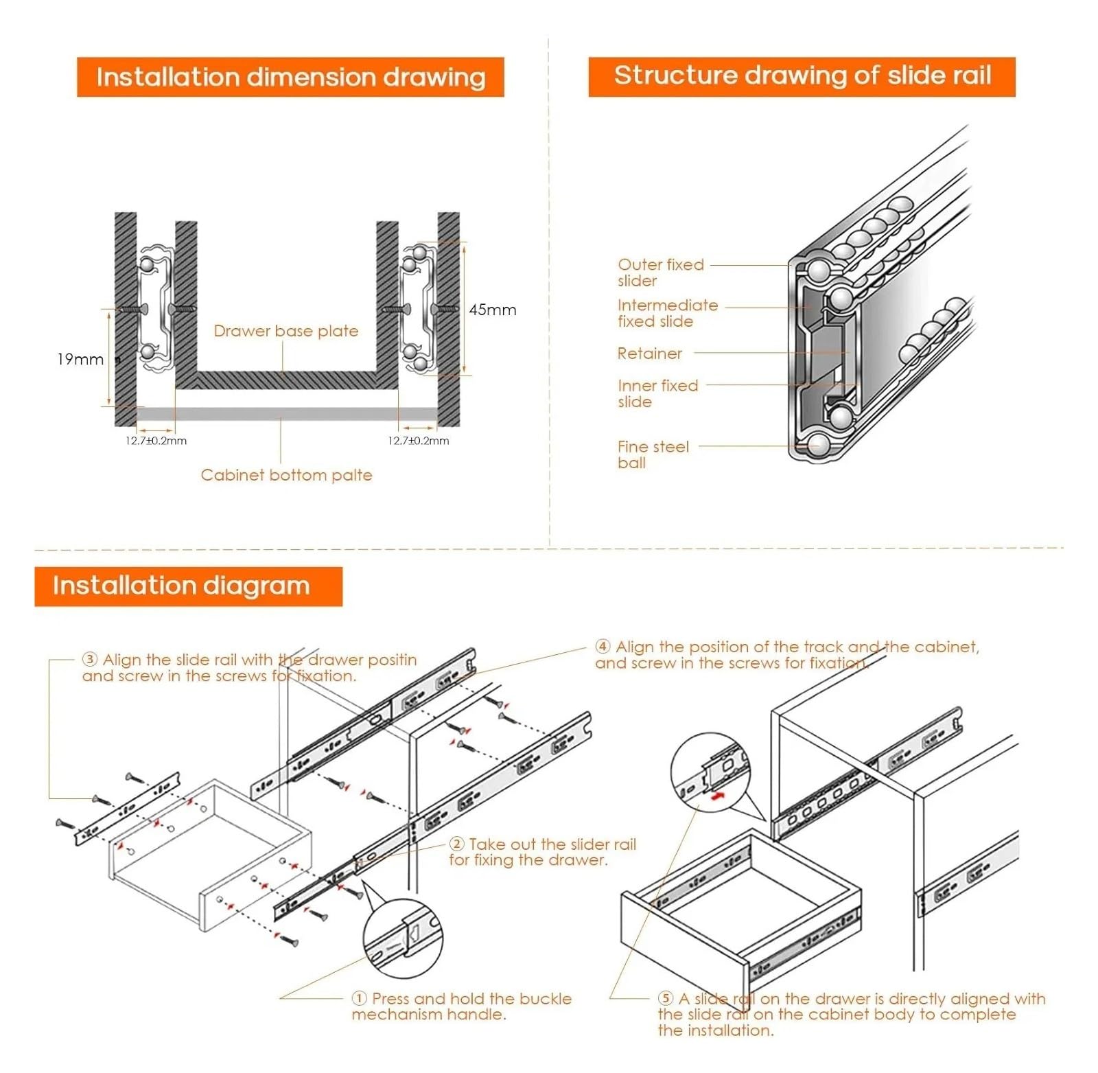 Armadio silenzioso a tre sezioni con smorzamento idraulico in acciaio | Guide for cassetti for guardaroba a tre sezioni con ferramenta for binari di guida(16 inches 40CM)